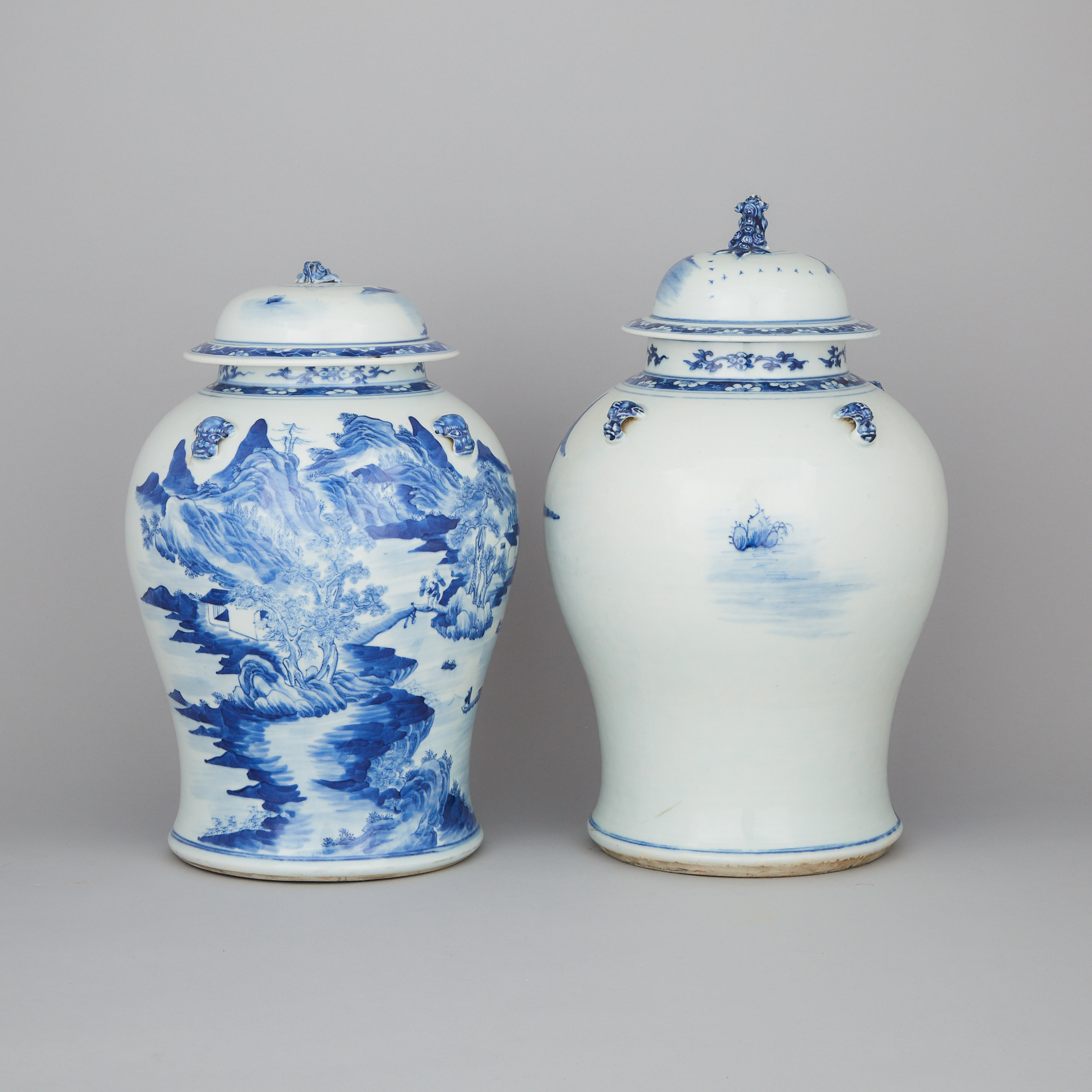 A Pair of Large Blue and White Lidded Temple Jars, 19th Century