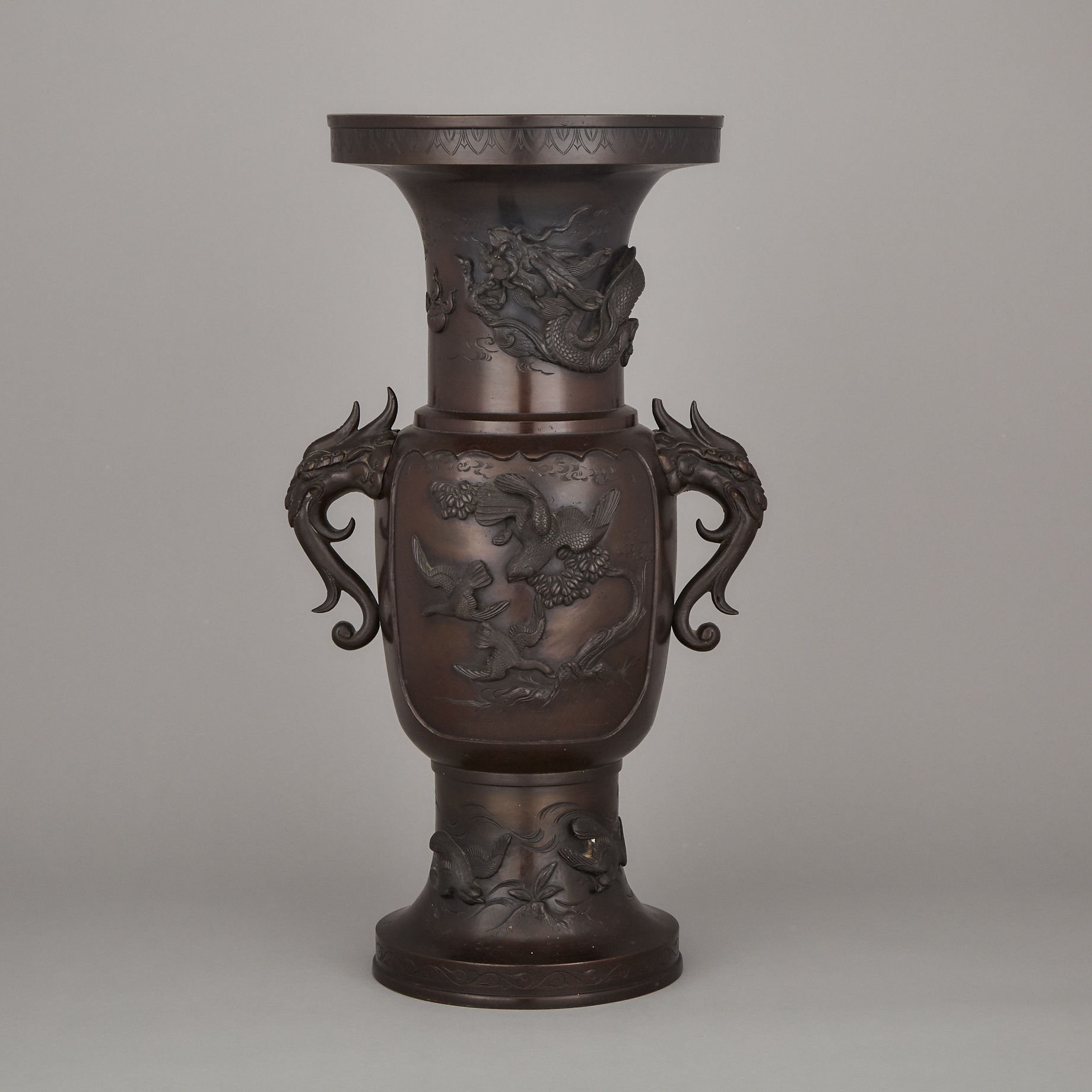 A Large Japanese Bronze Relief Vase, Meiji Period