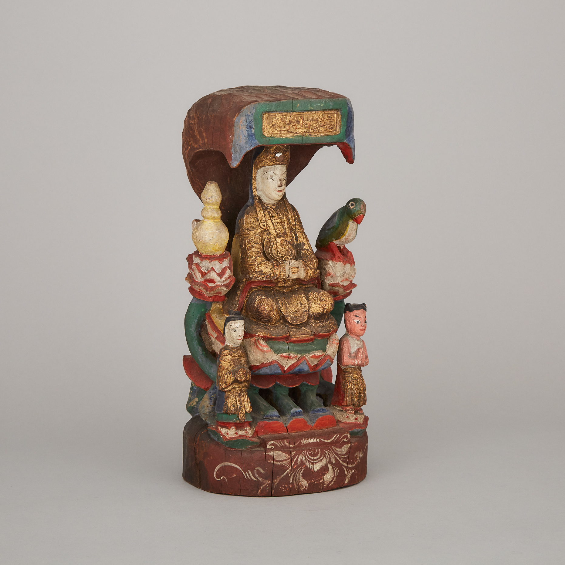 A Wood Carved Temple Guanyin Group, 19th Century
