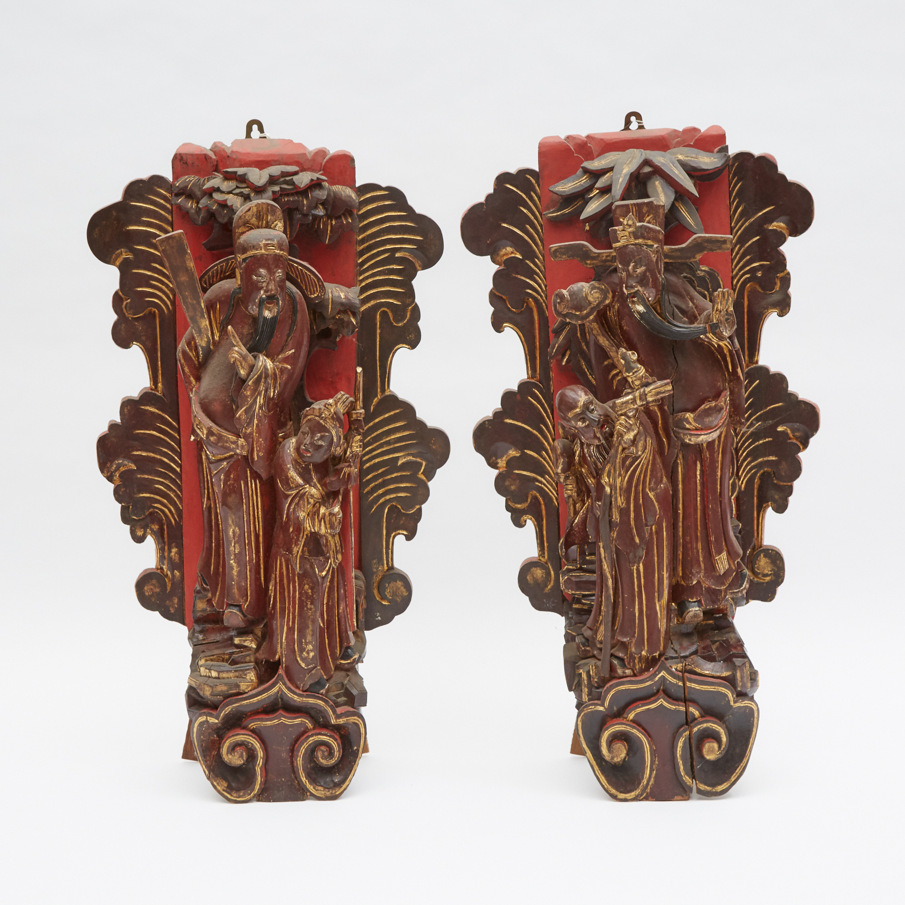 A Pair of Carved Wood Panels Depicting 'Fu Lu Shou'