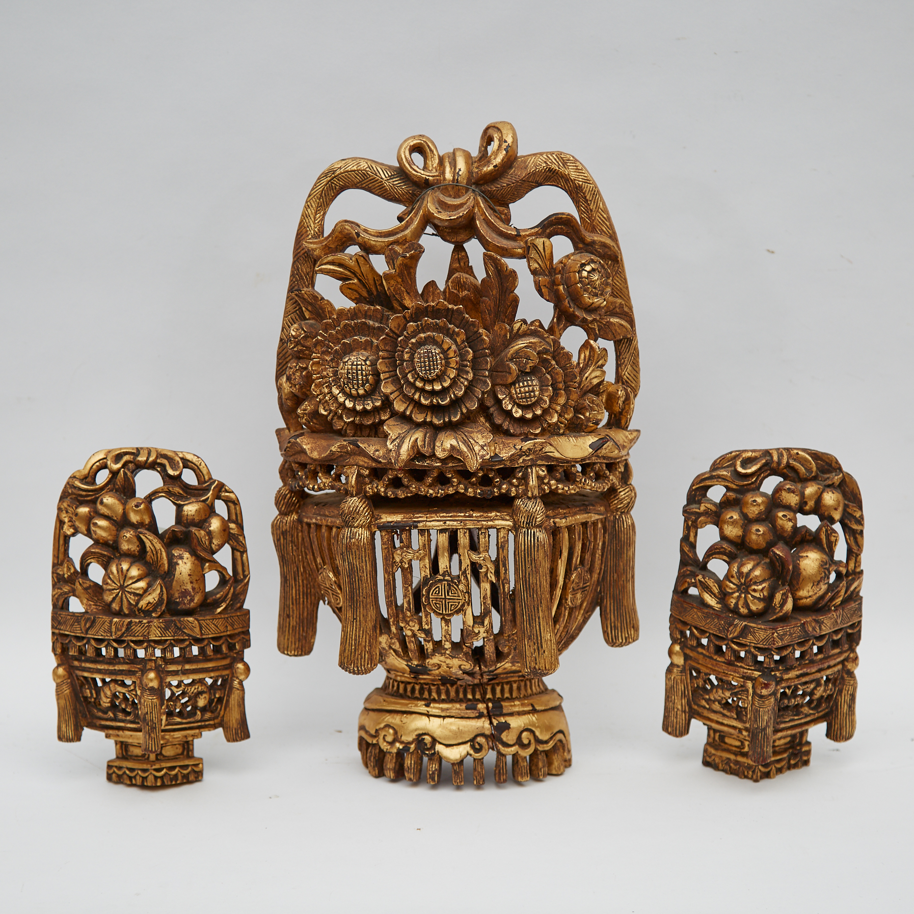 A Set of Three Gilt Wood Floral Basket Carvings, Early 20th Century