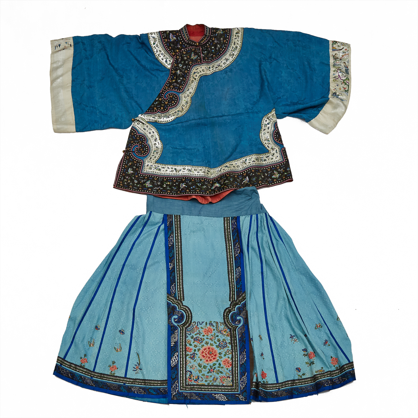 A Chinese Blue-Ground Silk Embroidered Women's Robe and Skirt, 19th Century