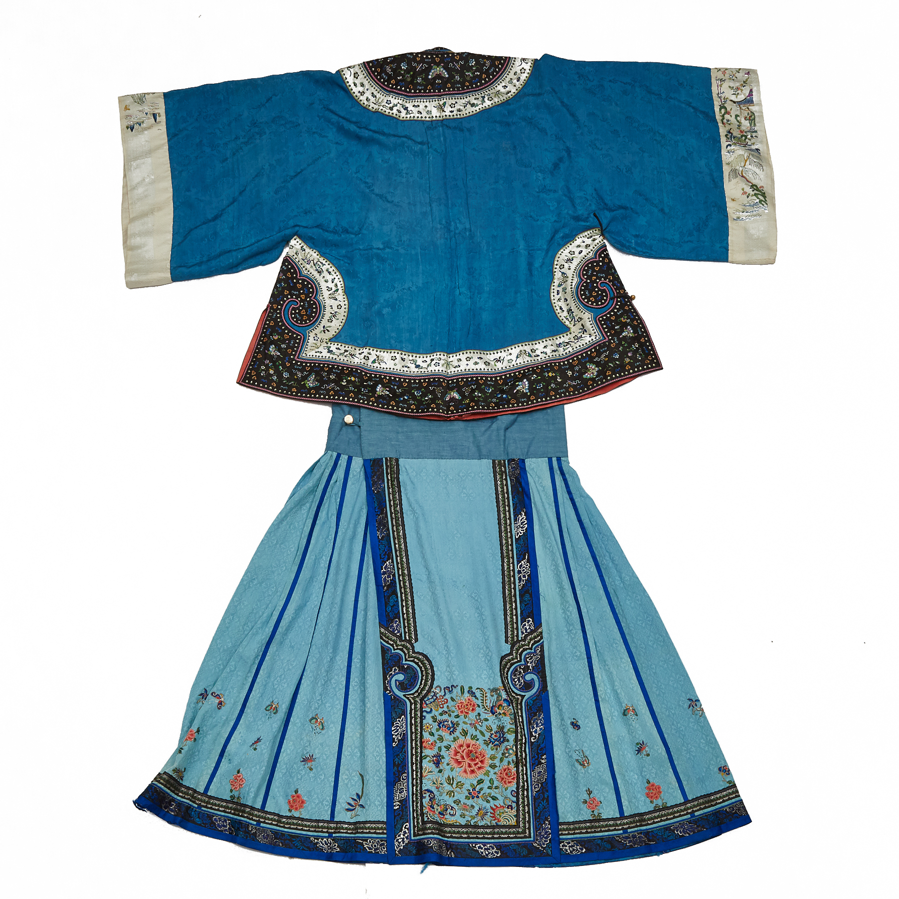 A Chinese Blue-Ground Silk Embroidered Women's Robe and Skirt, 19th Century