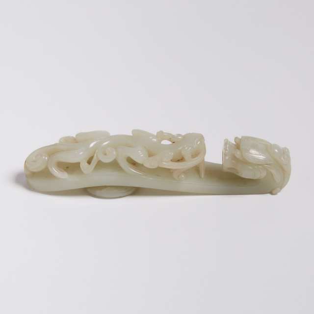 A Celadon White Jade Chilong Belt Hook
