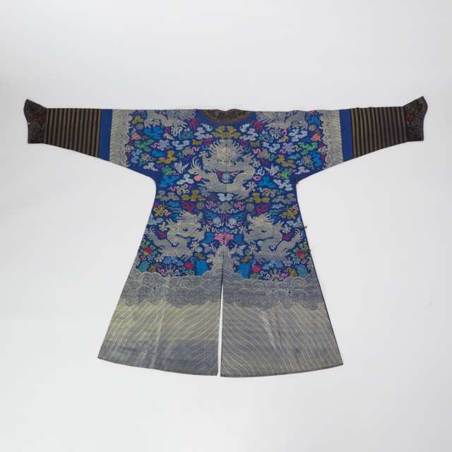 A Blue Ground Silk Embroidered Dragon Robe, Early 20th Century