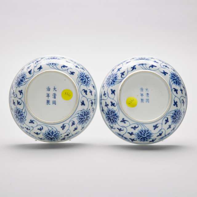A Pair of Blue and White 'Lotus' Dishes, Tongzhi Mark and Period (1862-1874)