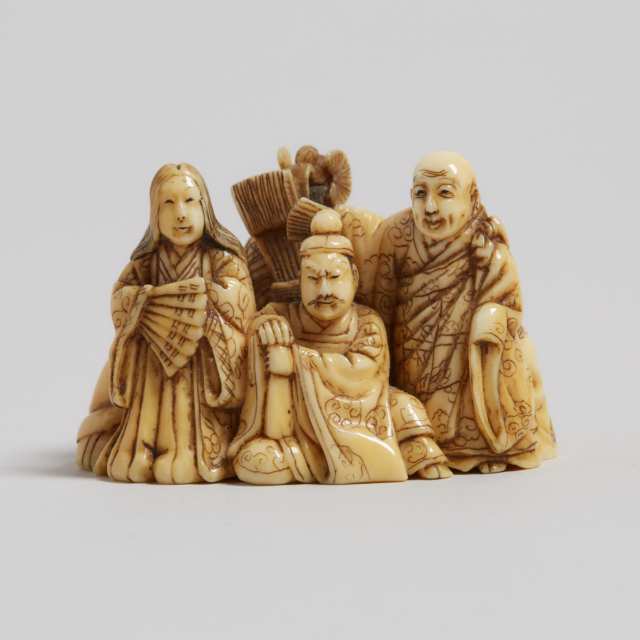 An Ivory Carved Netsuke Group of Six Poets, 19th Century