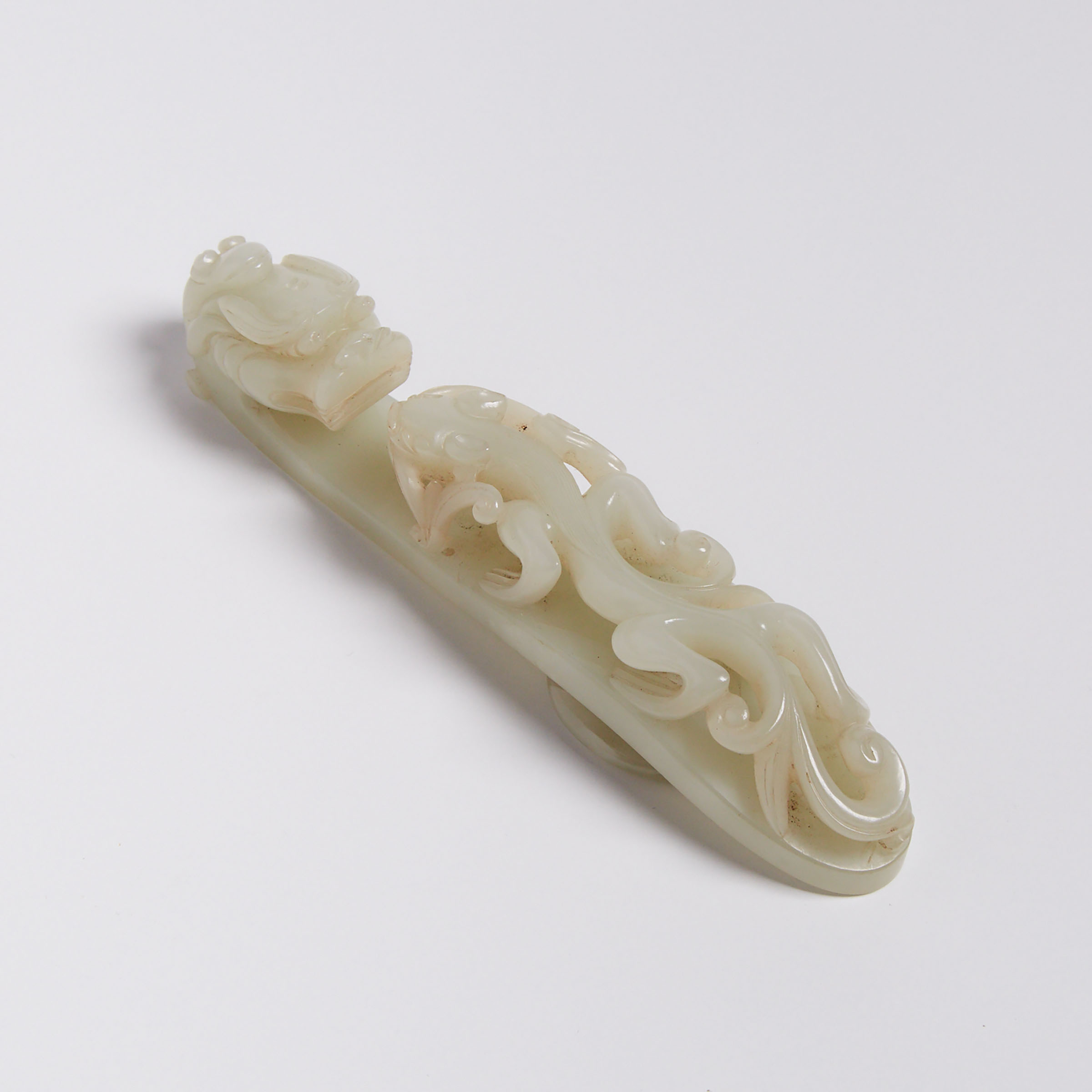 A Celadon White Jade Chilong Belt Hook
