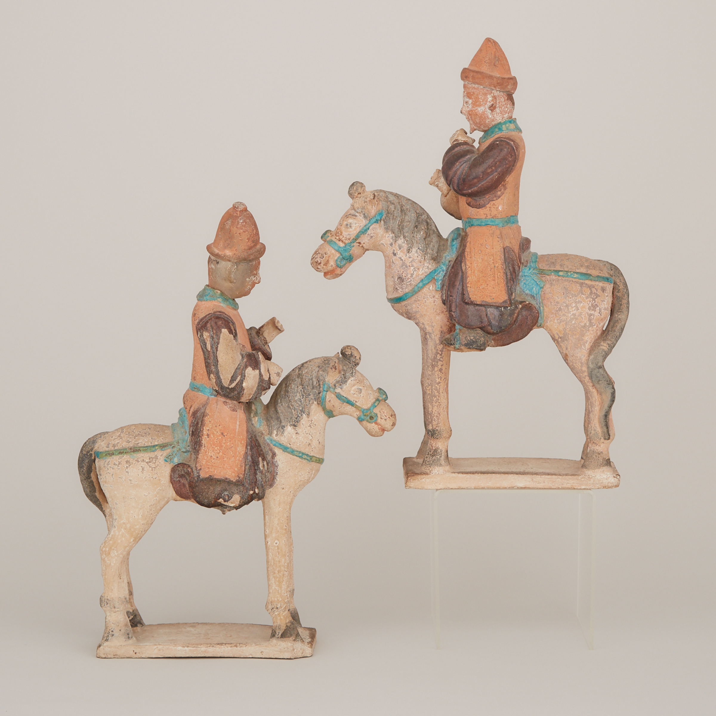 A Pair of Painted Pottery Horse Riders, Ming Dynasty