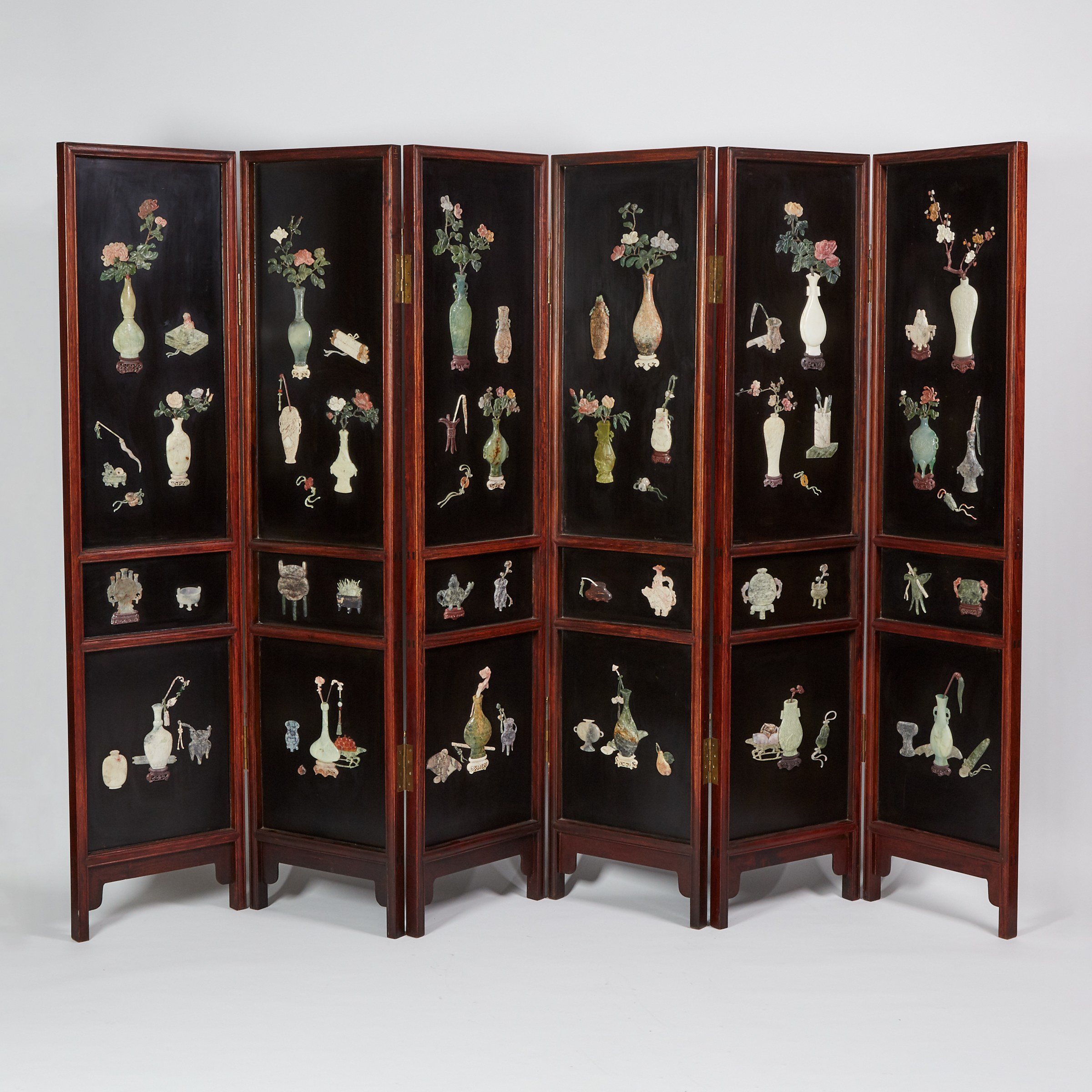 A Jade and Hardstone Inlaid 'Hundred Antiques' Six-Panel Screen