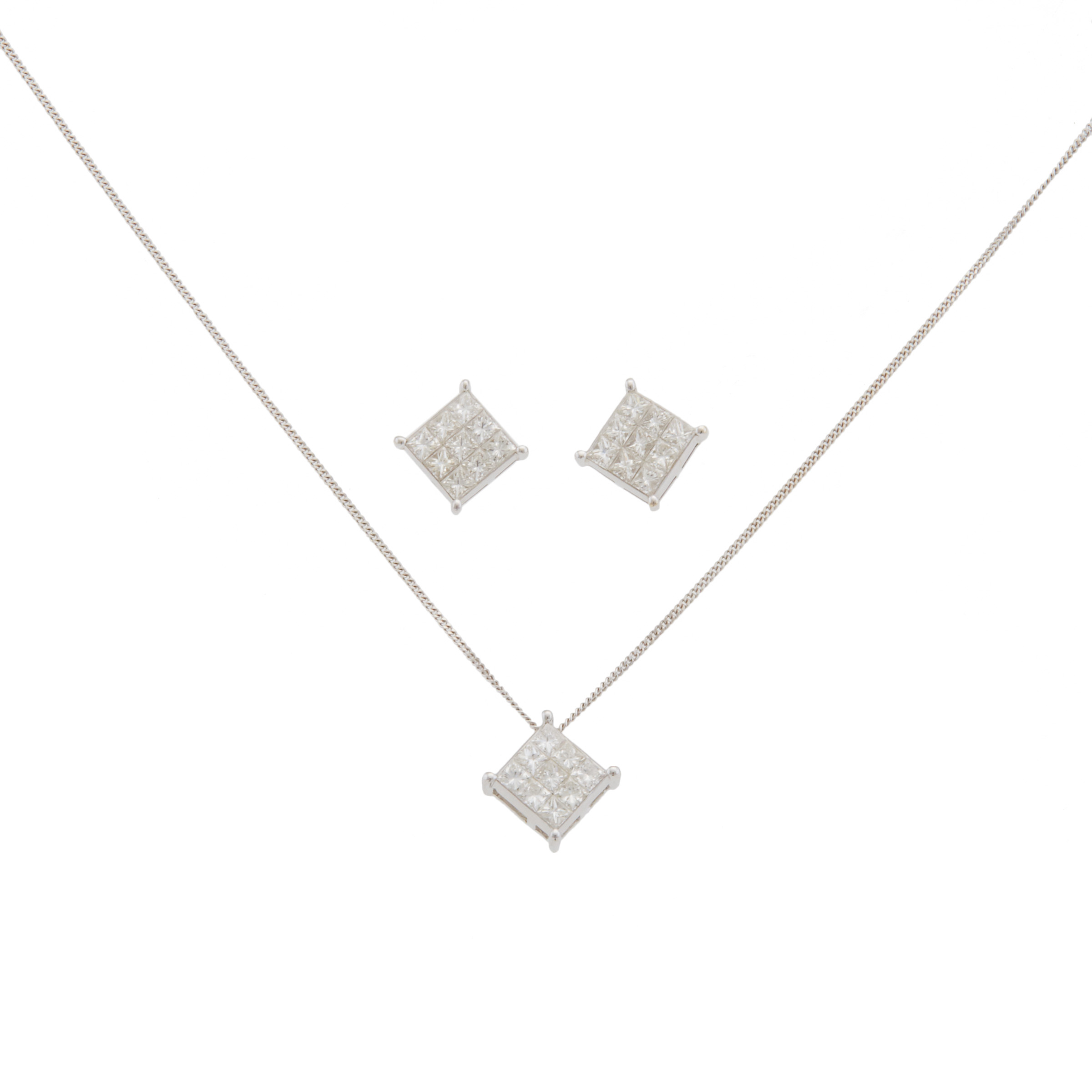 Pair Of 18k White Gold Stud Earrings And Matching Pendant