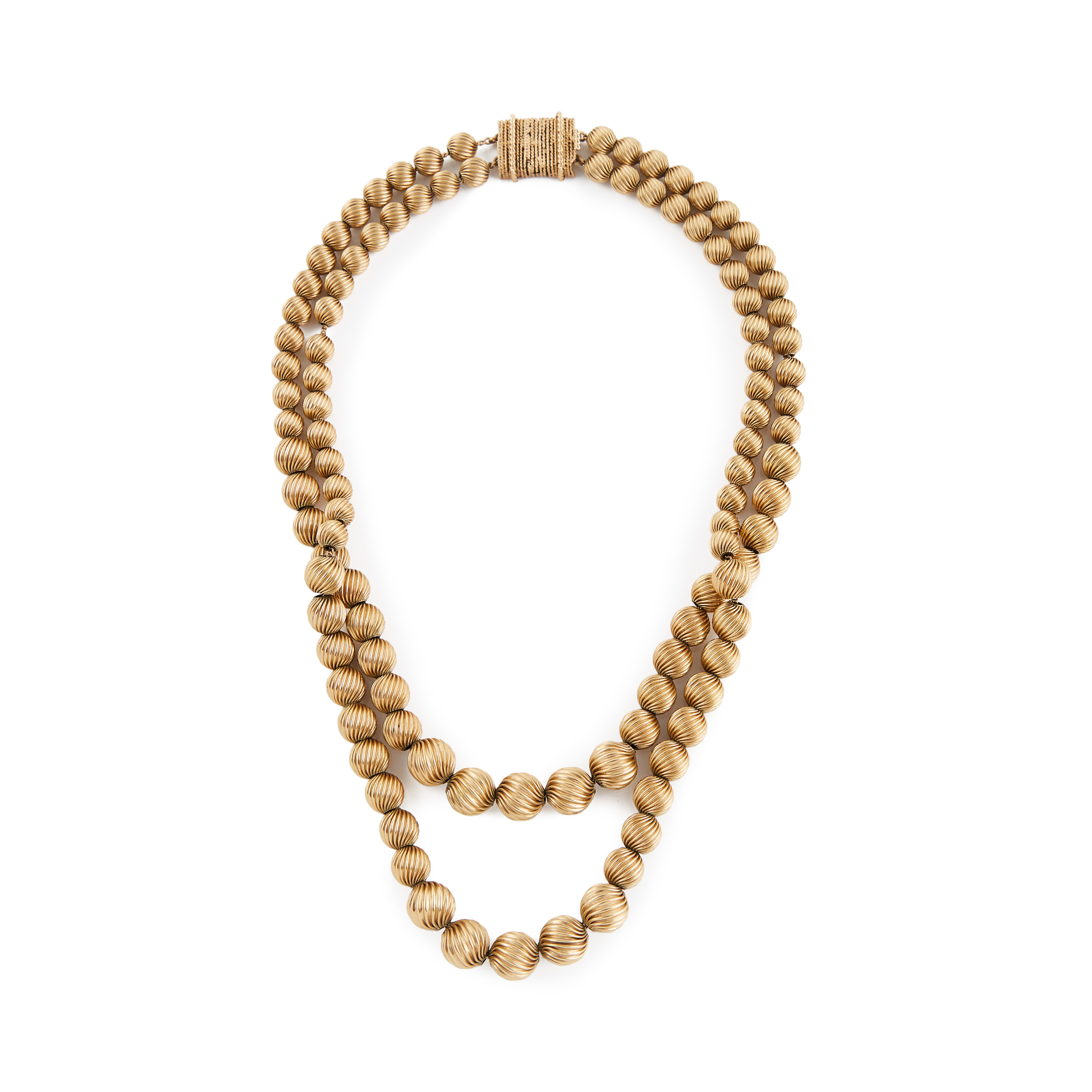 14k Yellow Gold Double Graduated Strand Fluted Beads Necklace