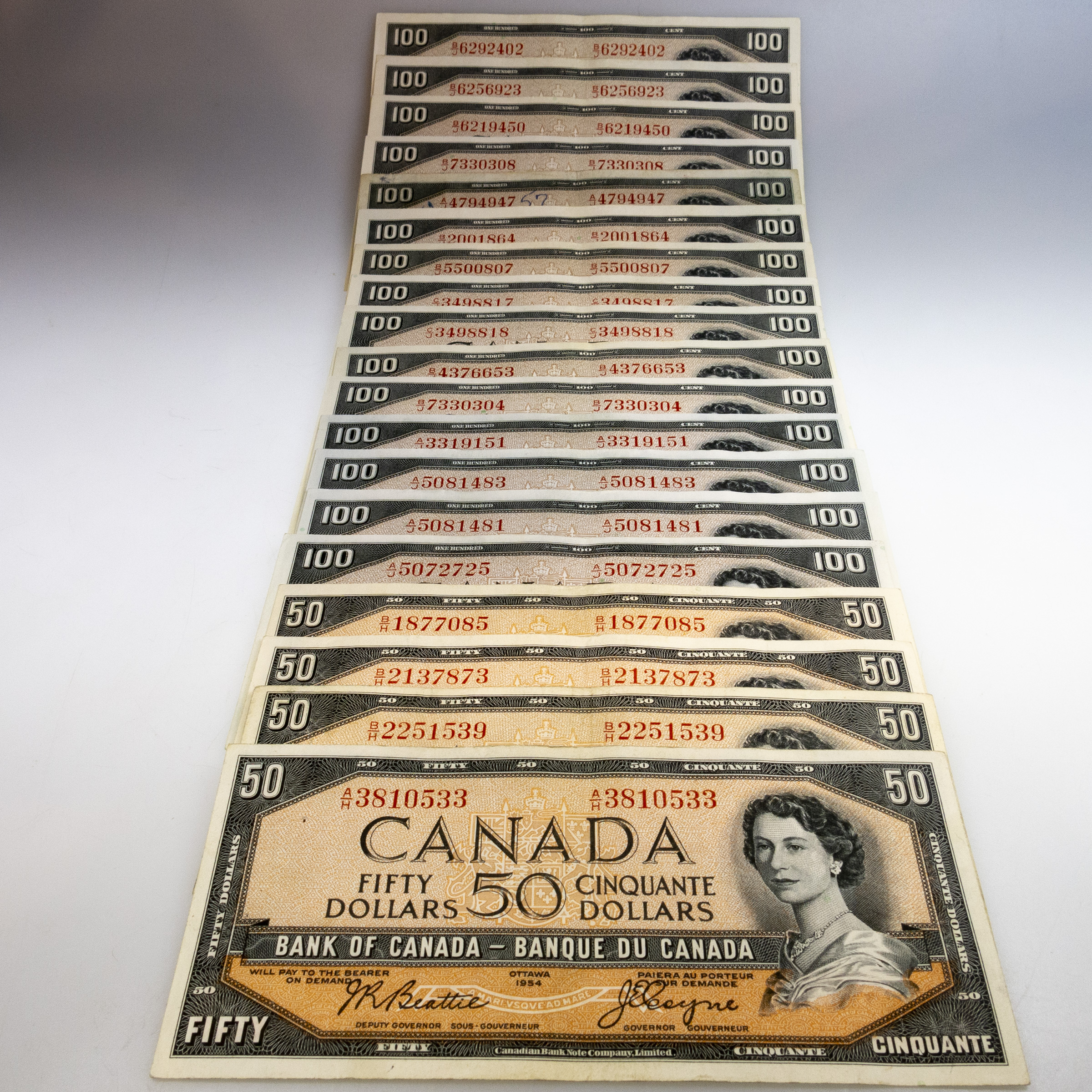 15 x Canadian 1954 $100 Banknotes and 4 Canadian 1954 $50 Banknotes