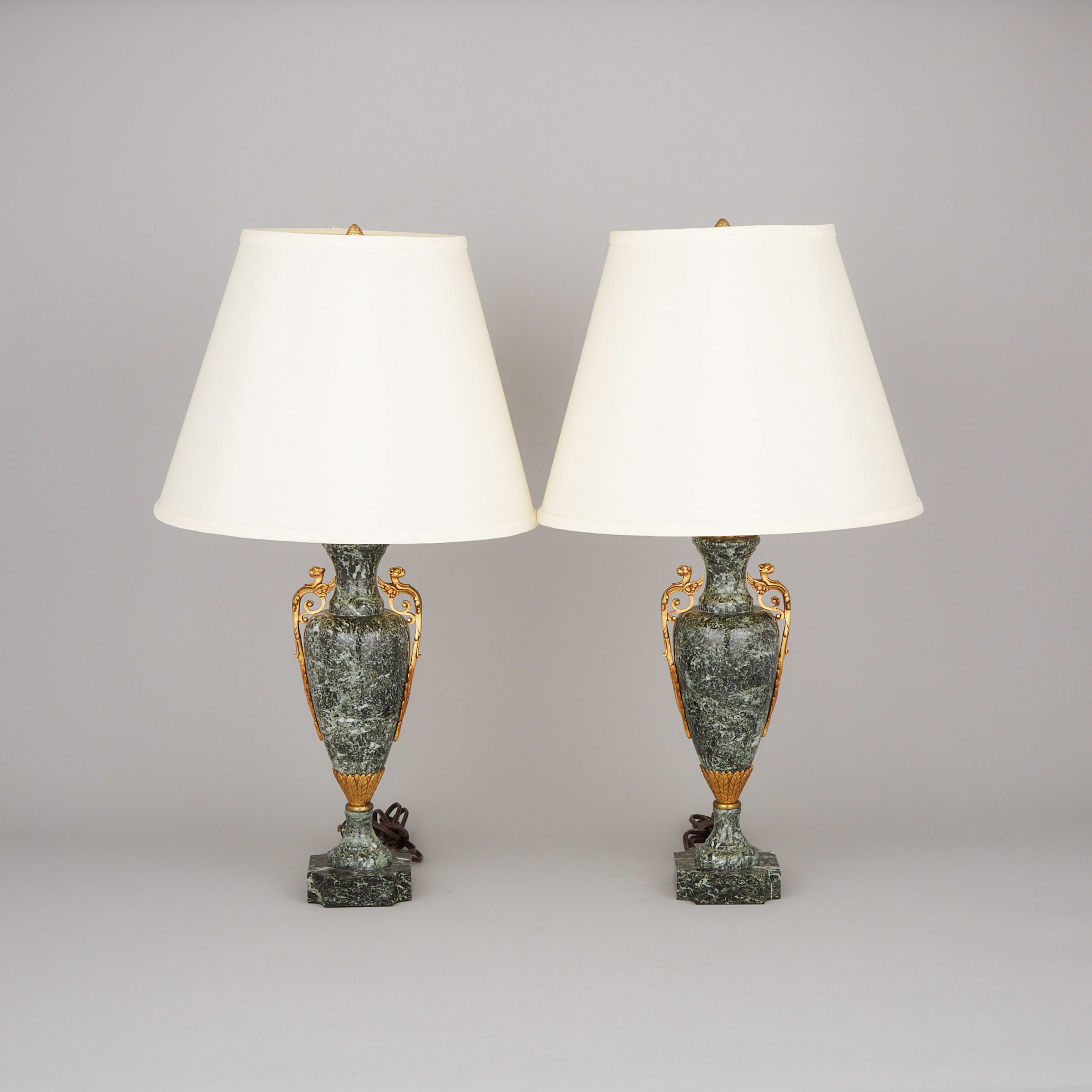 Pair of Belgian Ormolu Mounted Verde Antique Marble Urn Form Table Lamps, mid 20th century