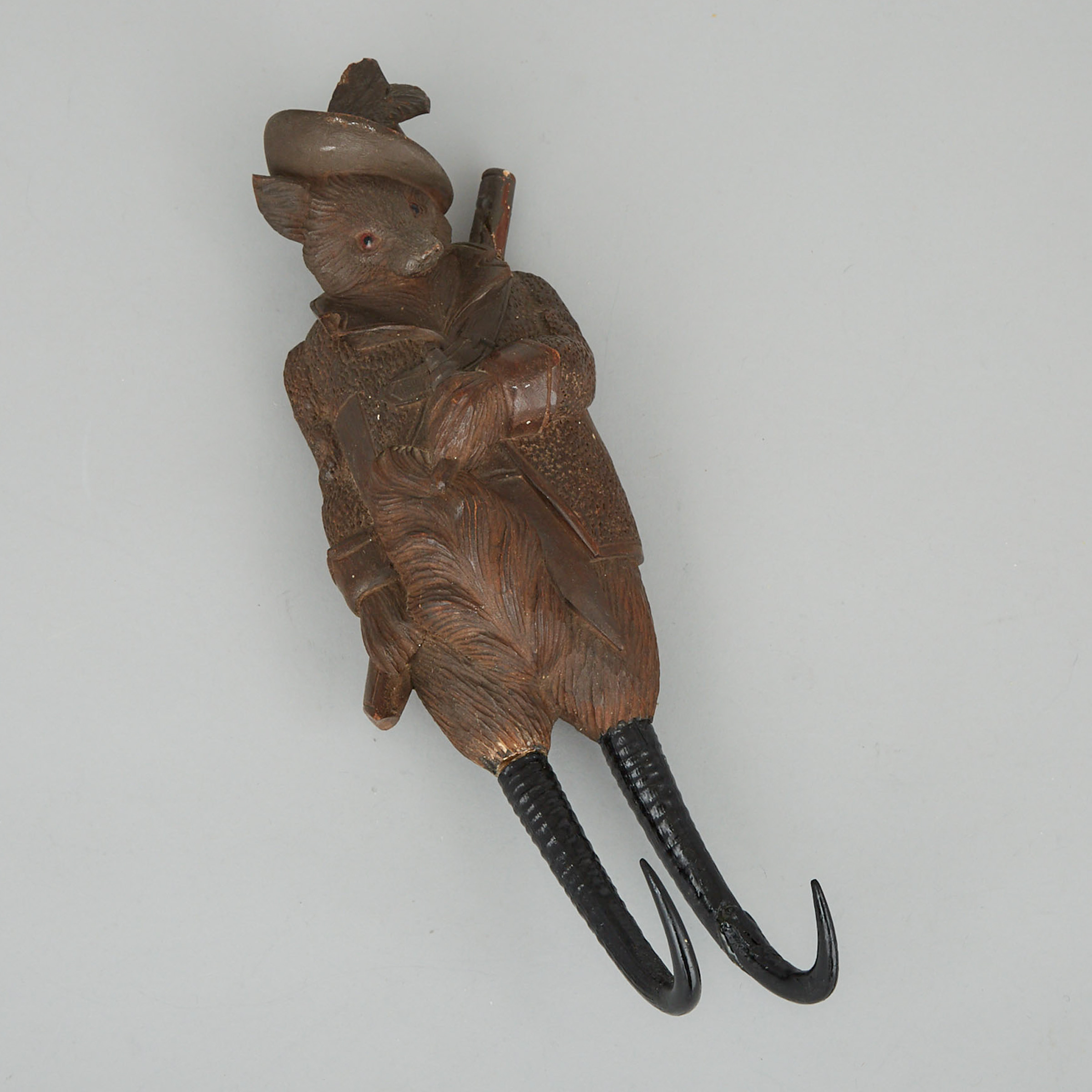 Black Forest Walnut and Goat Horn Musical Coat Hook Carved as a Fox, c.1900