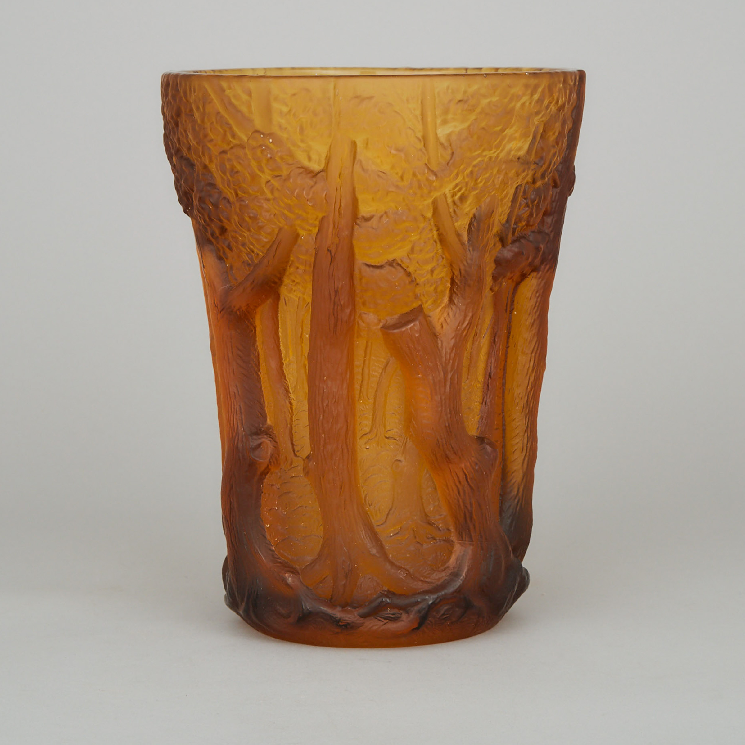 Moulded and Frosted Amber Glass Vase, probably Barolac, early 20th century