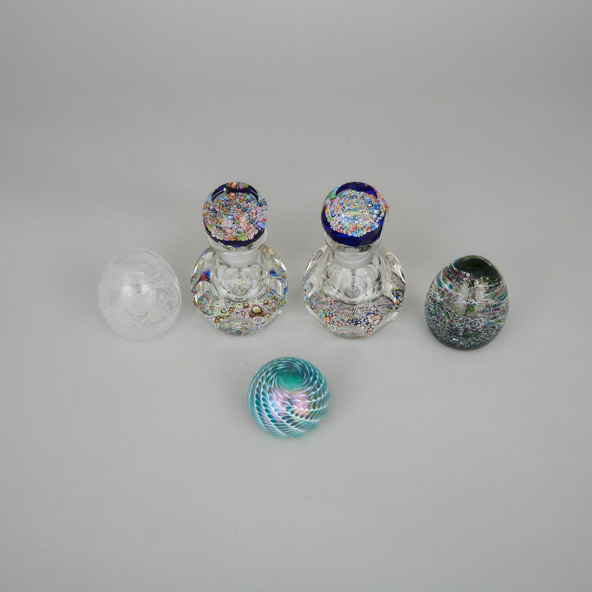 Pair of Perthshire Millefiori Faceted Glass Inkwells and Stoppers together with Three Various Paperweights, 20th century