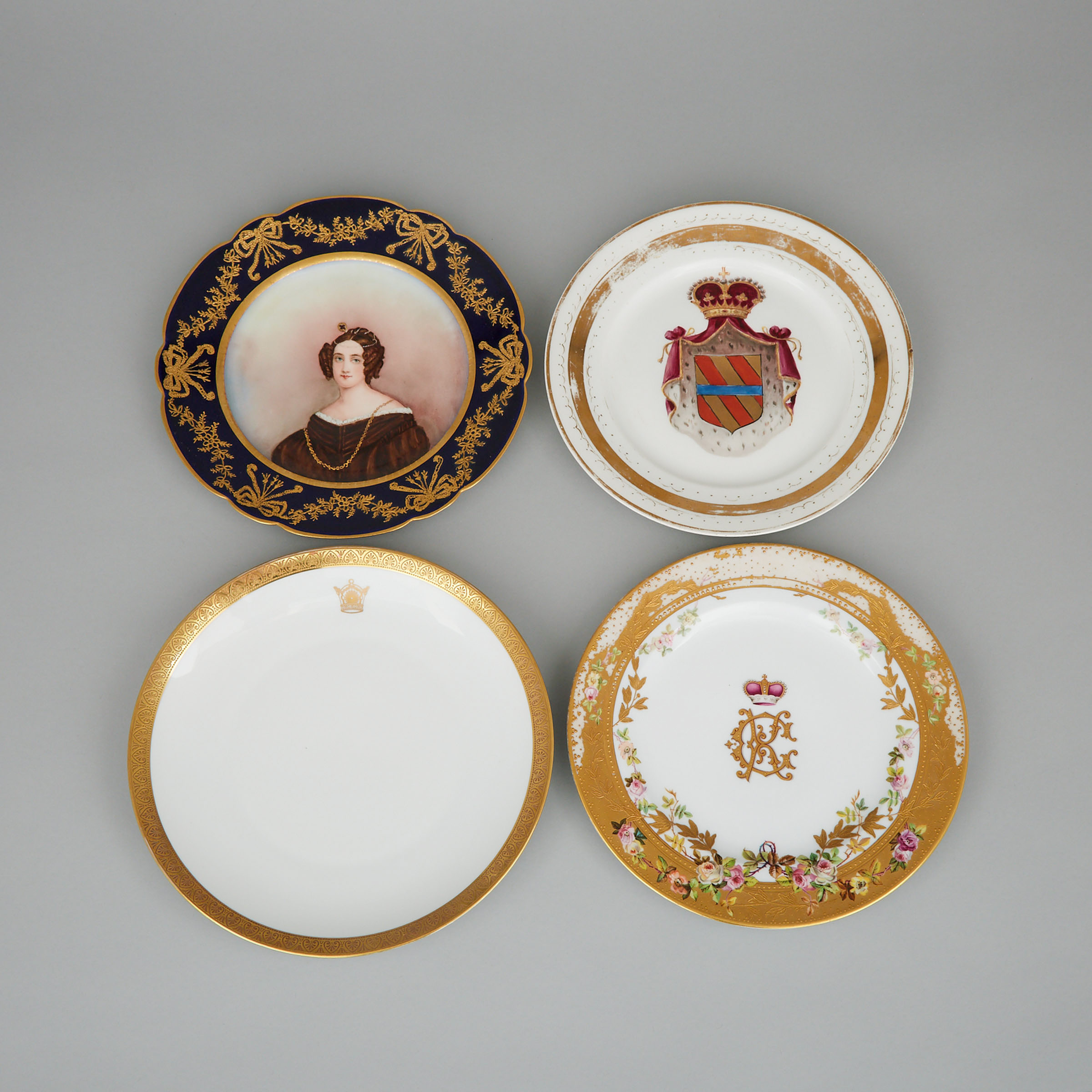 Group of Four Continental Armorial and Portrait Plates, 20th century