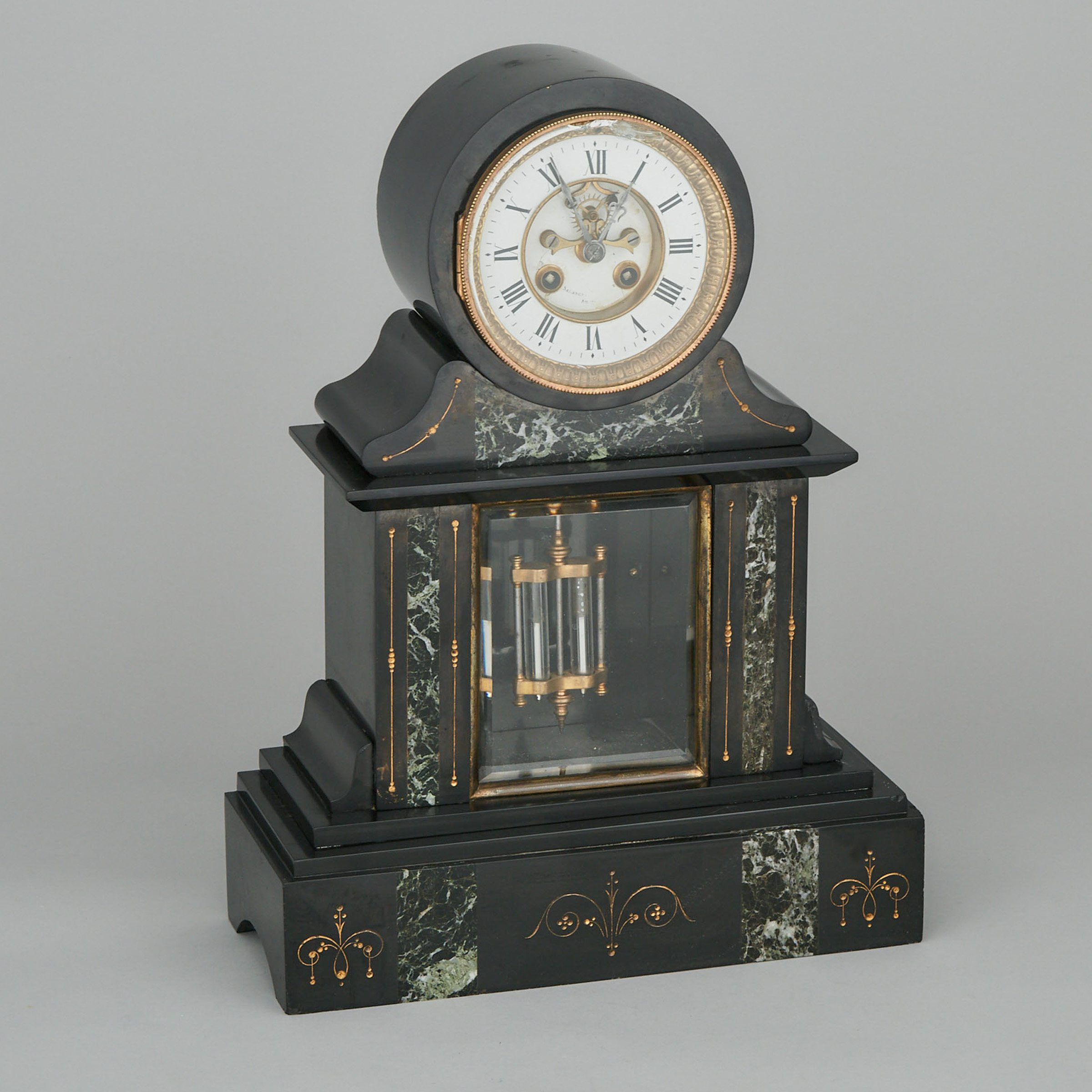 French Verde Antico Inlaid Belgian Black Marble Mantle Clock, late 19th century