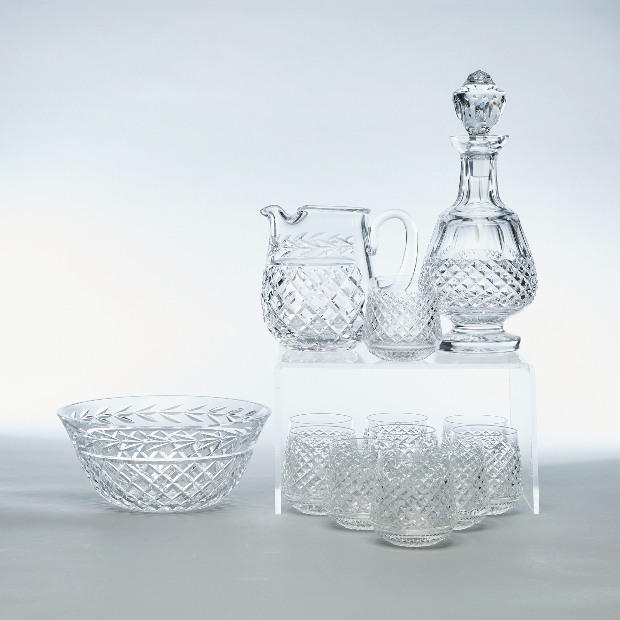 Ten Waterford 'Alana' Pattern Cut Glass Tumblers together with a Decanter, Pitcher, and Bowl, 20th century