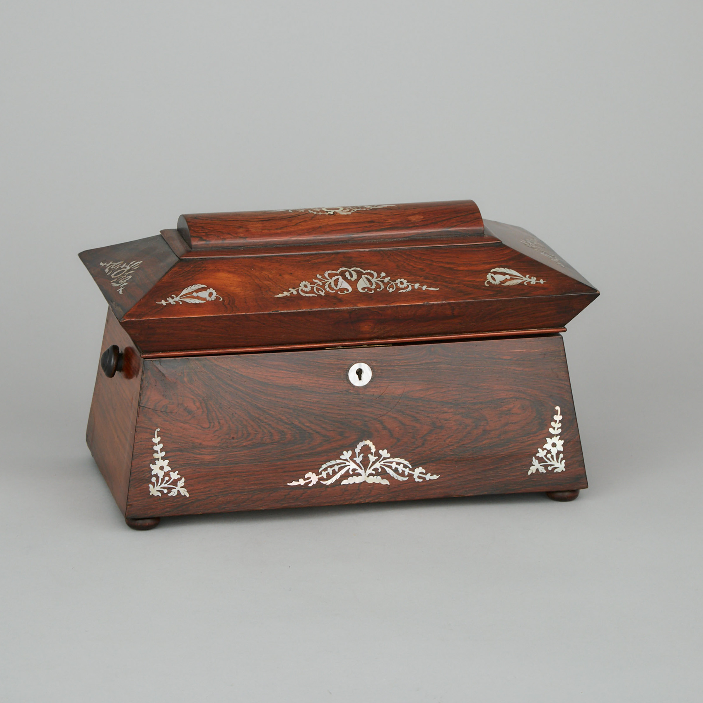 Large Victorian Abalone Inlaid Rosewood Sarcophagus Form Tea Caddy, mid 19th century