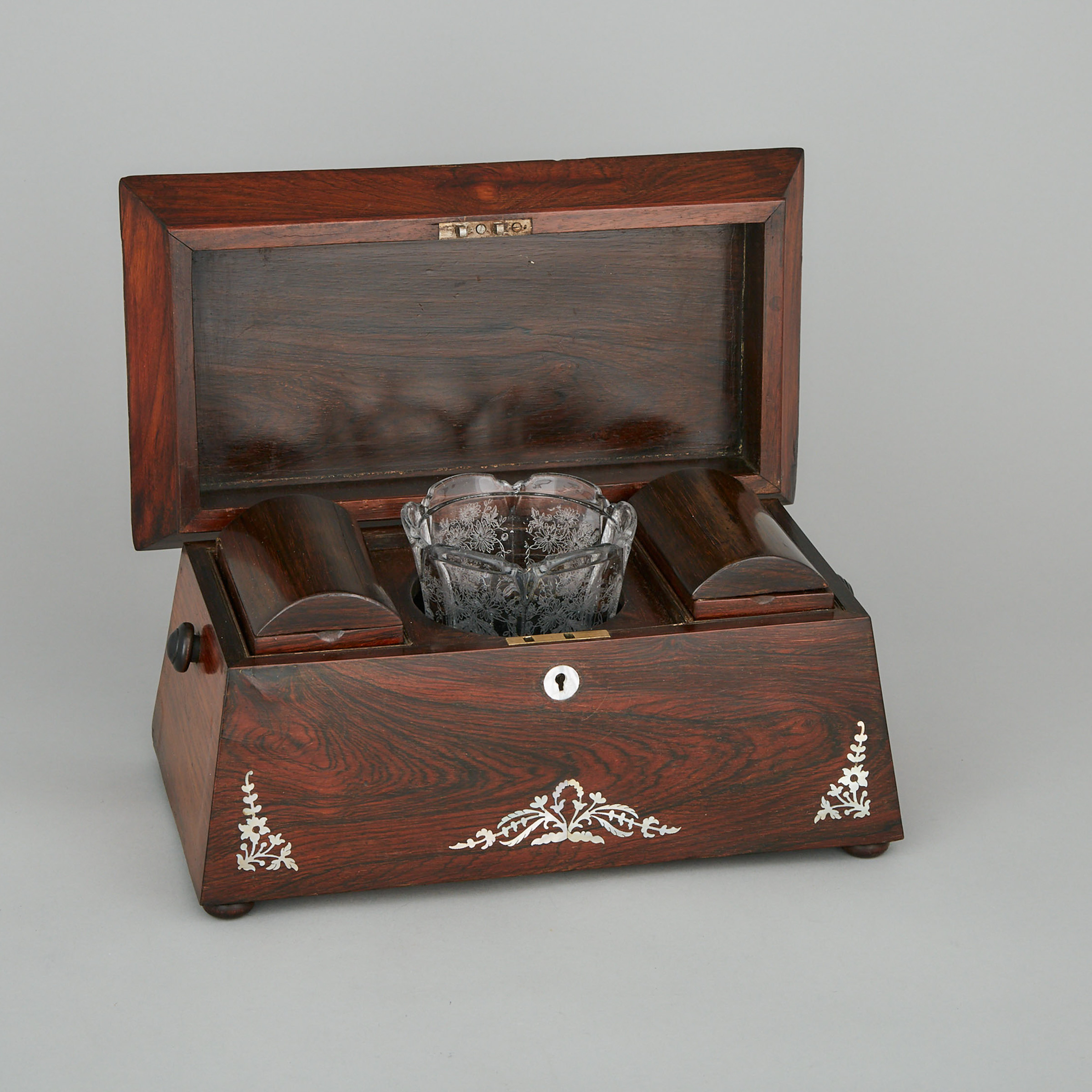 Large Victorian Abalone Inlaid Rosewood Sarcophagus Form Tea Caddy, mid 19th century