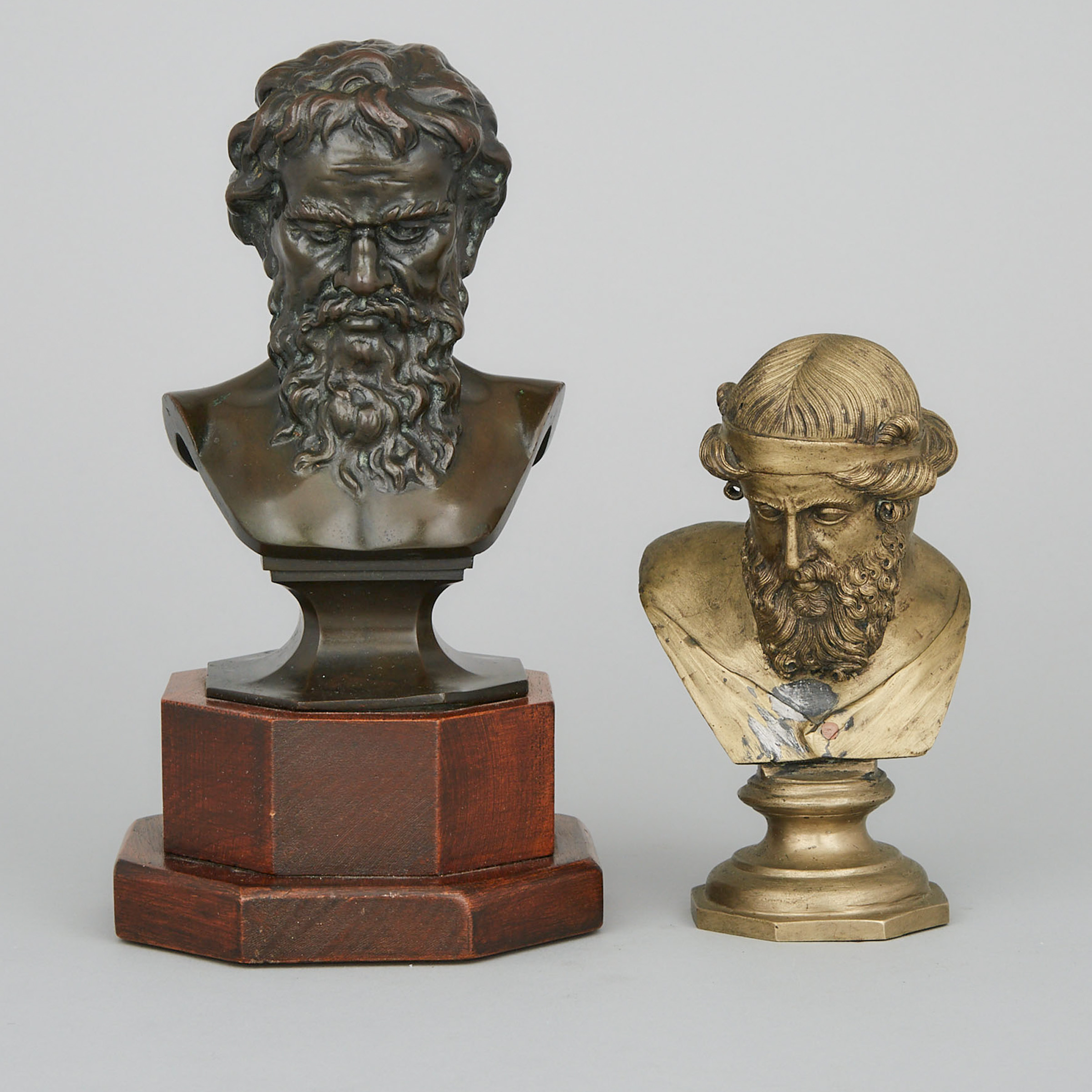 Two Italian Grand Tour Souvenir Classical Bronze Busts, Dionysus (or Plato) and Zeus, 19th and early 20th century