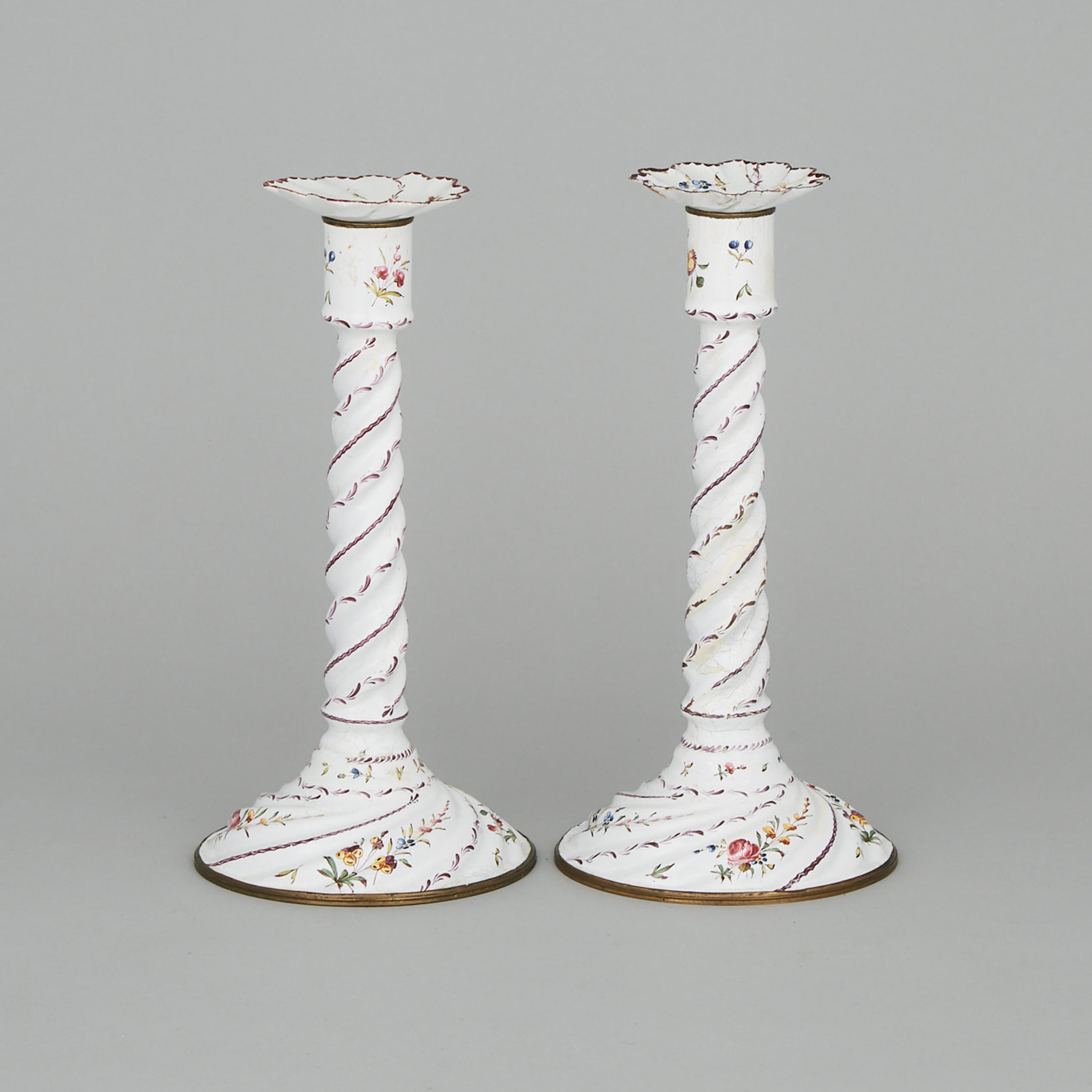 Pair of George III Bilston/Battersea Enamel Candlesticks, c.1800