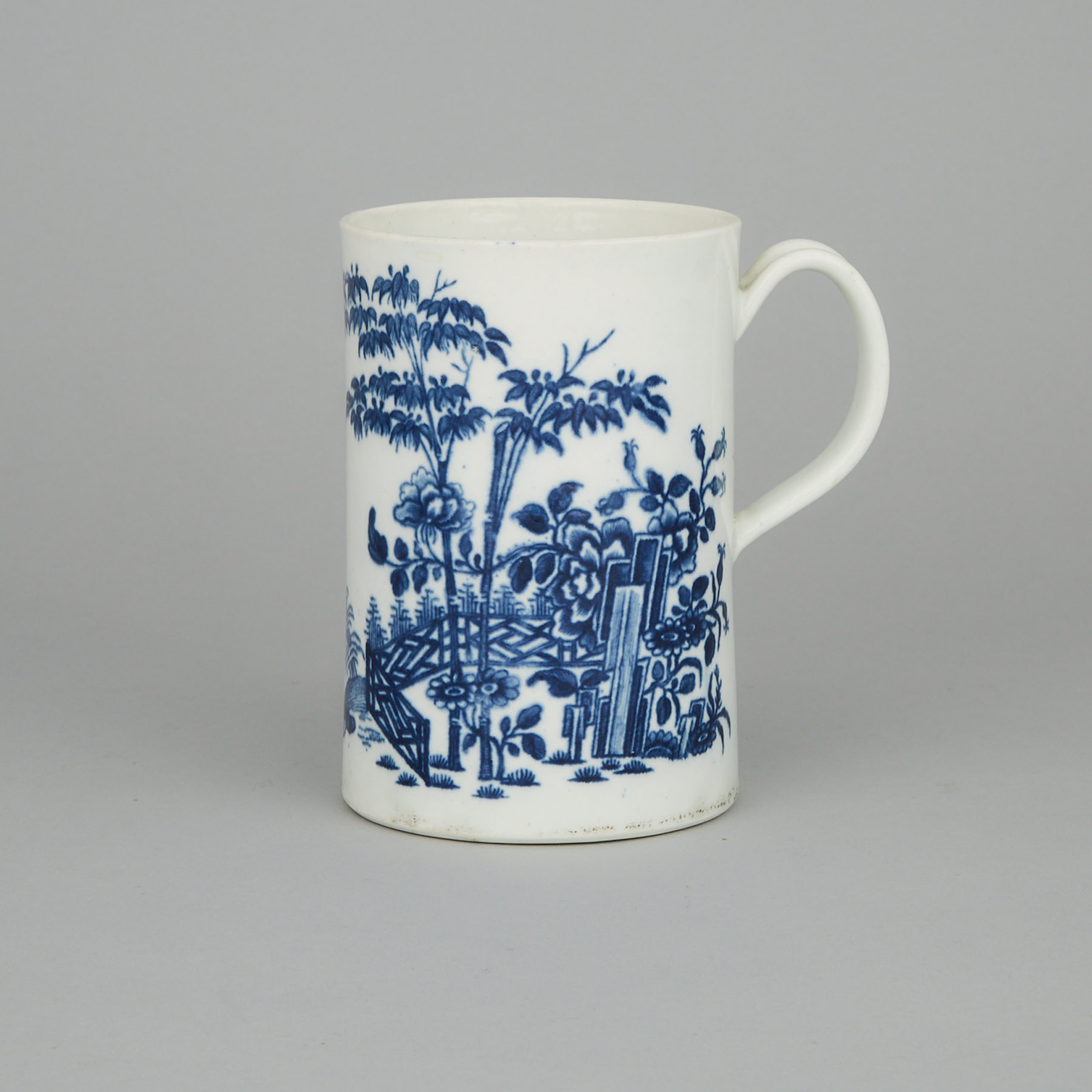 Worcester Blue Printed 'Plantation' Large Mug, c.1760-70