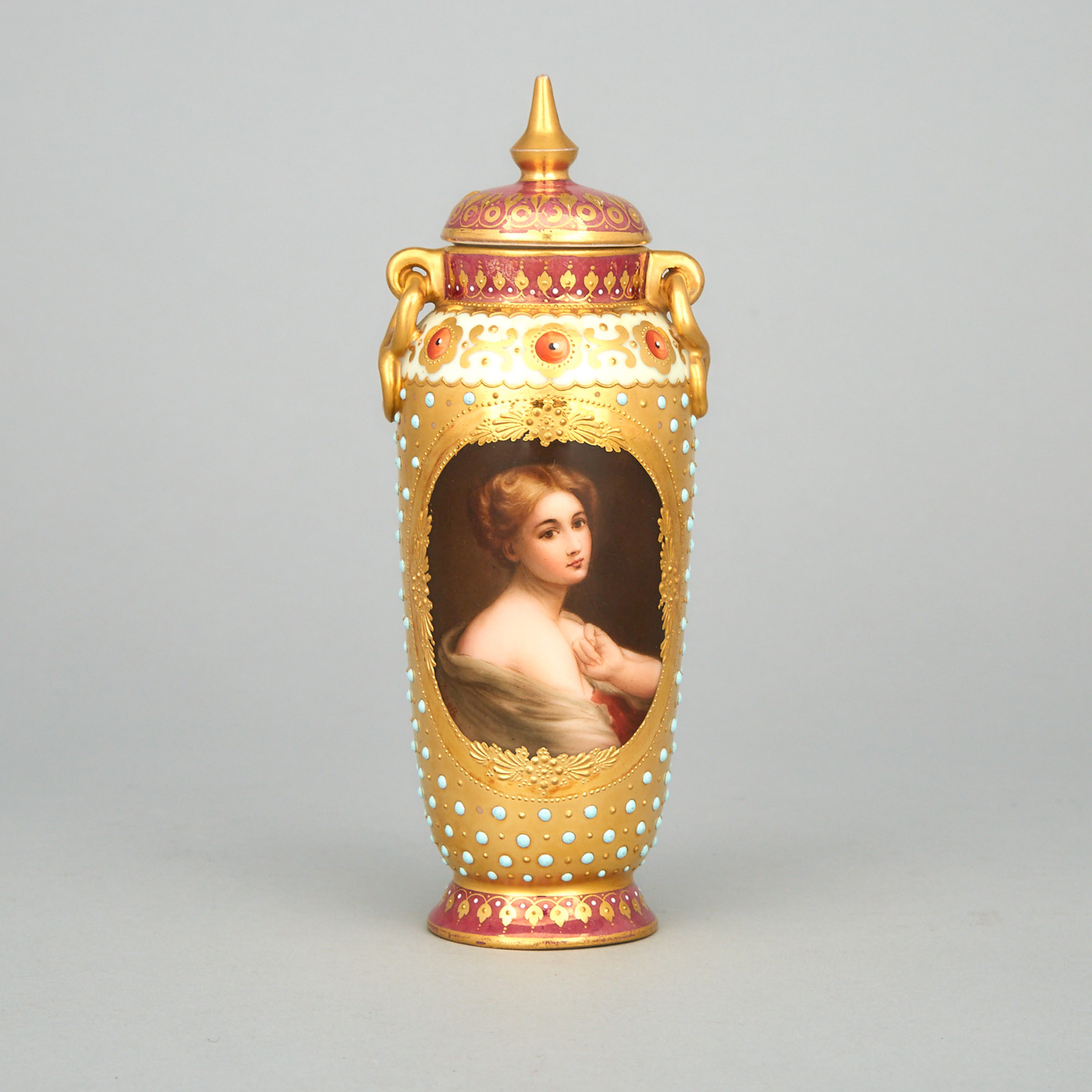 Dresden-Decorated Covered Portrait Vase, 'Serenite', signed Donath, c.1900