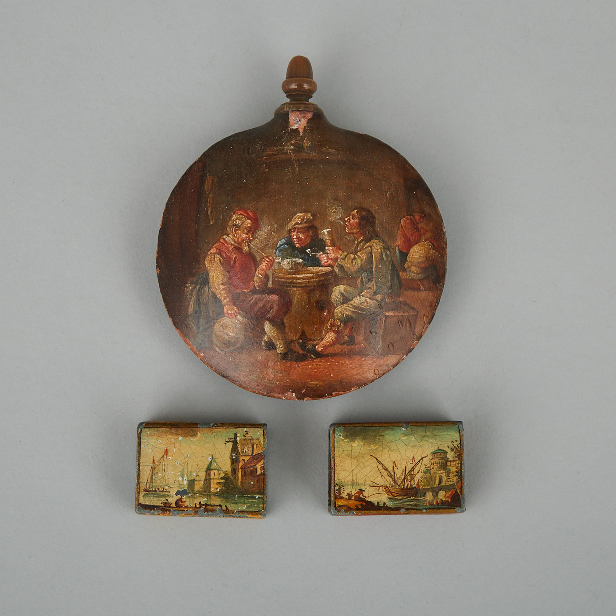 Continental Painted Boxwood Snuff Flask and Two Painted Match Box Cases, early 19th century