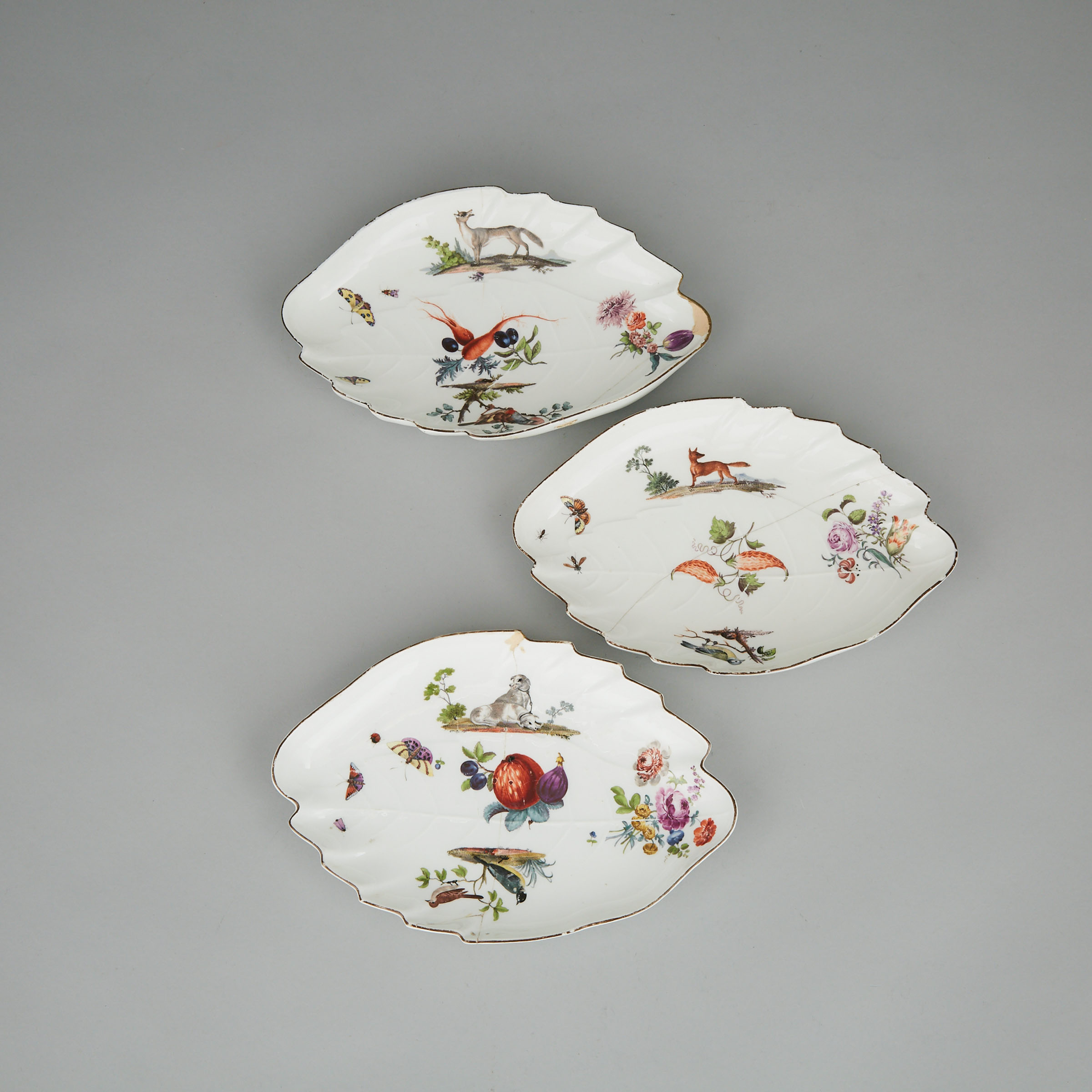 Three Meissen Oval Leaf Dishes, c.1750