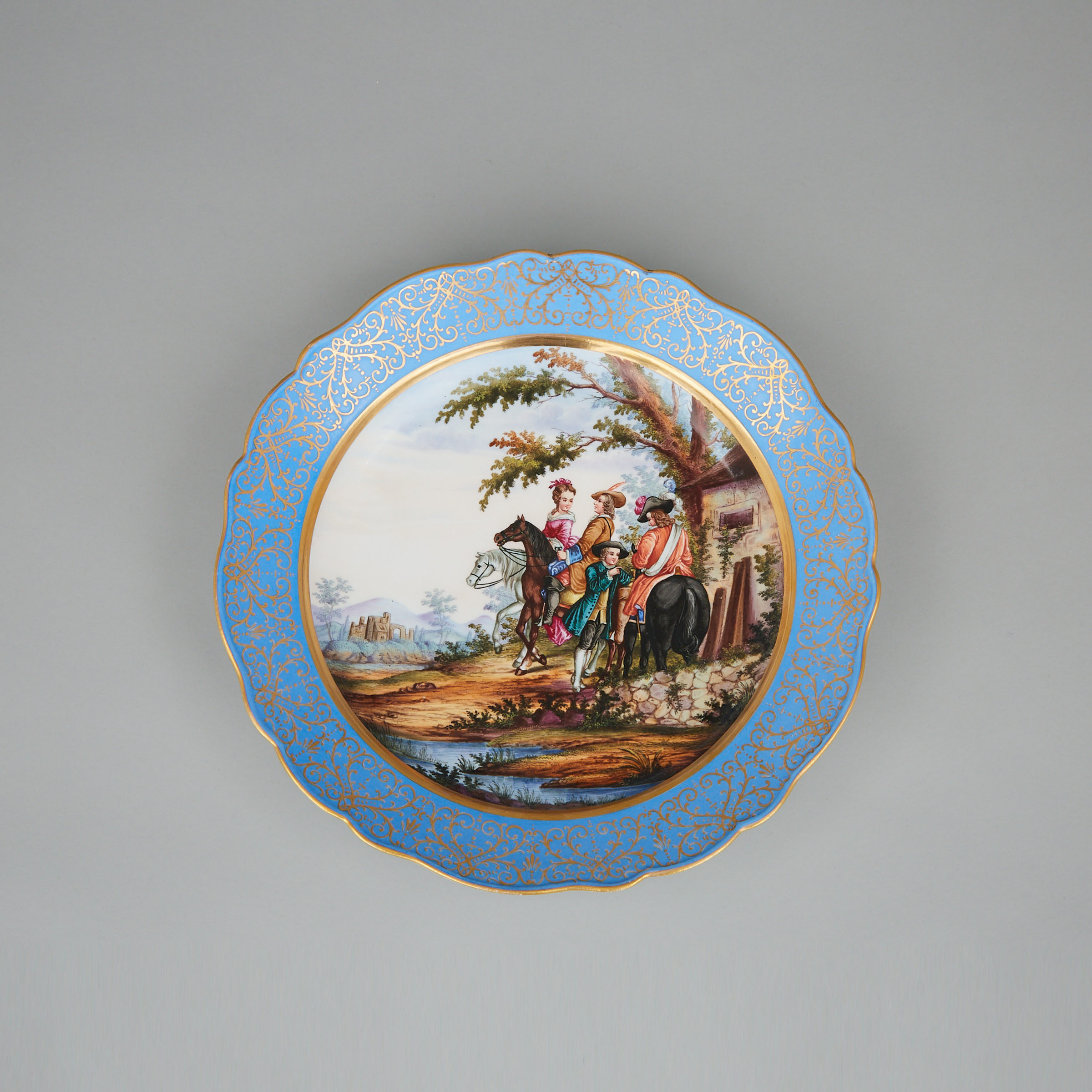 Meissen Blue and Gilt Banded and Painted Scenic Charger, 20th century