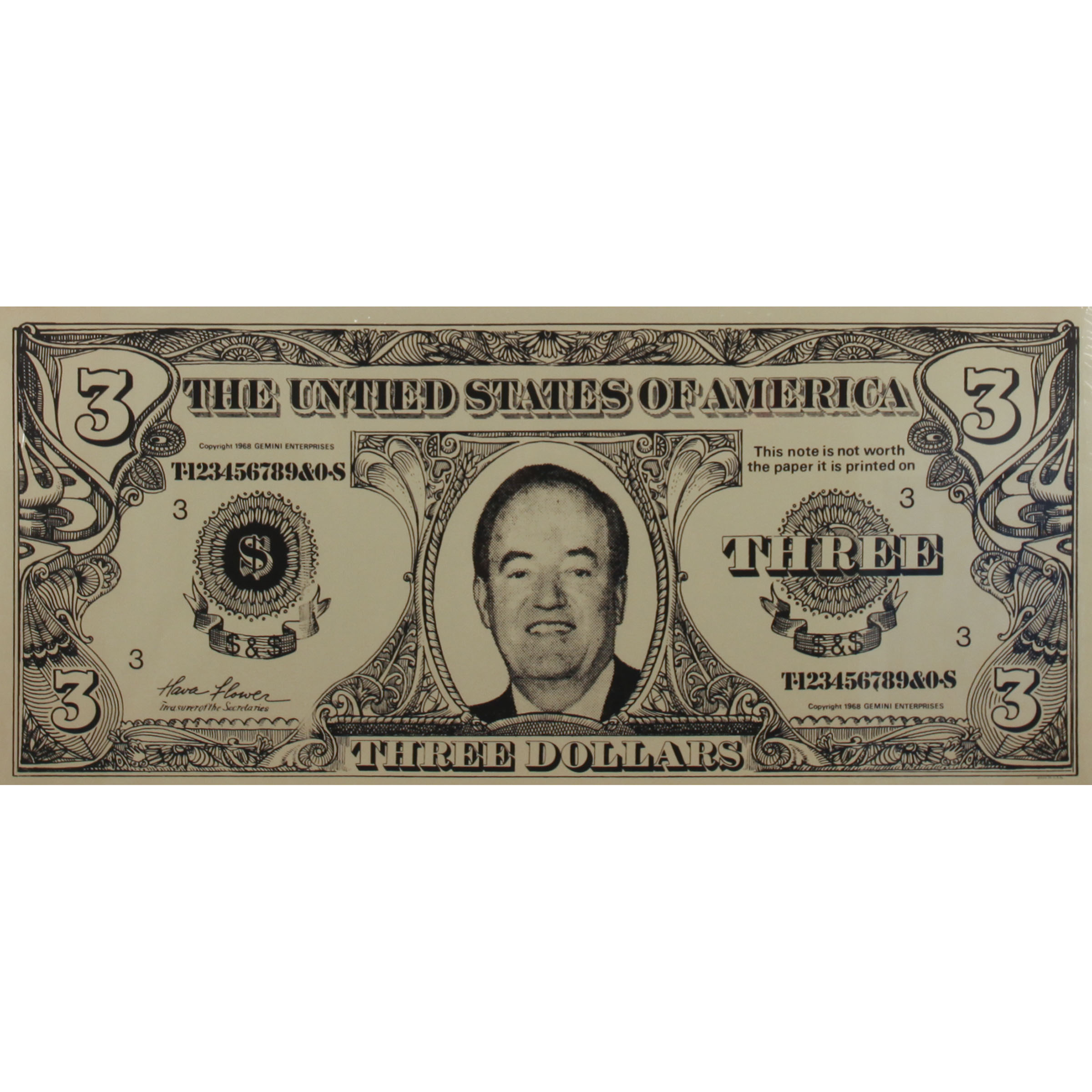 Hubert Humphrey Three Dollar Bill Novelty Poster