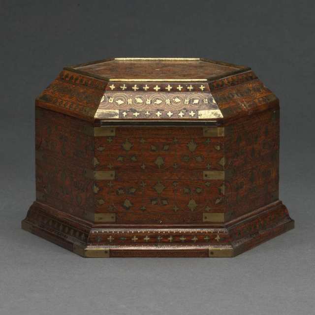 Indian Brass Inlaid Wood Octagonal Jewel Box, early 20th century