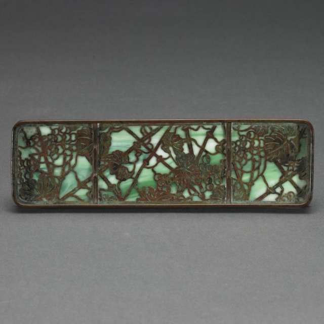 Tiffany Studios Patinated Metal and Green Slag Glass Grapevine Pen Tray, early 20th century