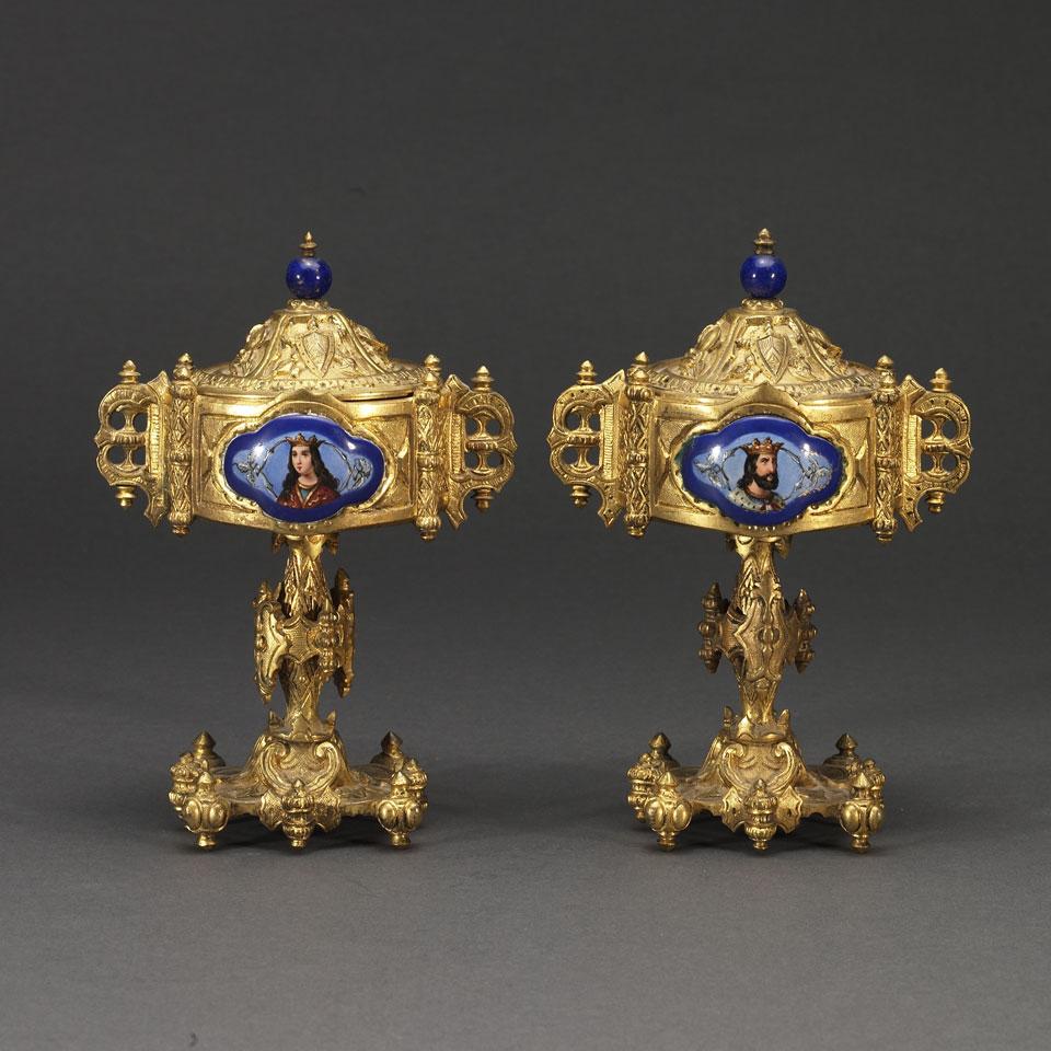 Pair of Continental Gilt Metal Covered Urns Mounted with Porcelain Portrait Panels, late 19th century