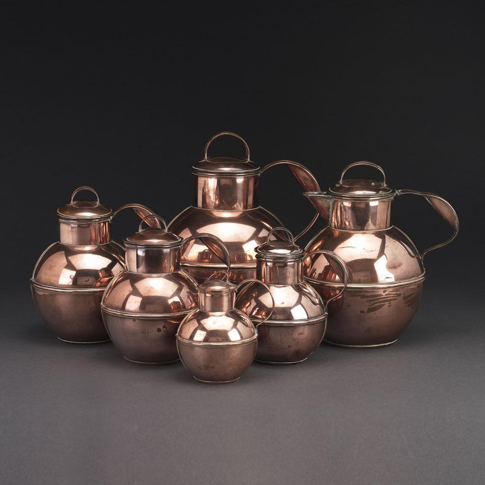 Graduated Set of Six Channel Islands Copper Jugs, R.G. Agnew, Guernsey, c.1900