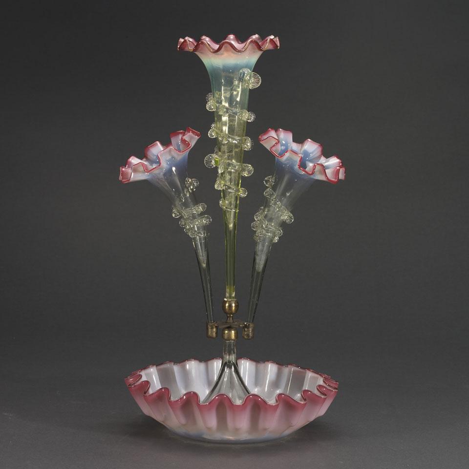 Assembled Vaseline and Cranberry Glass Epergne, late 19th century
