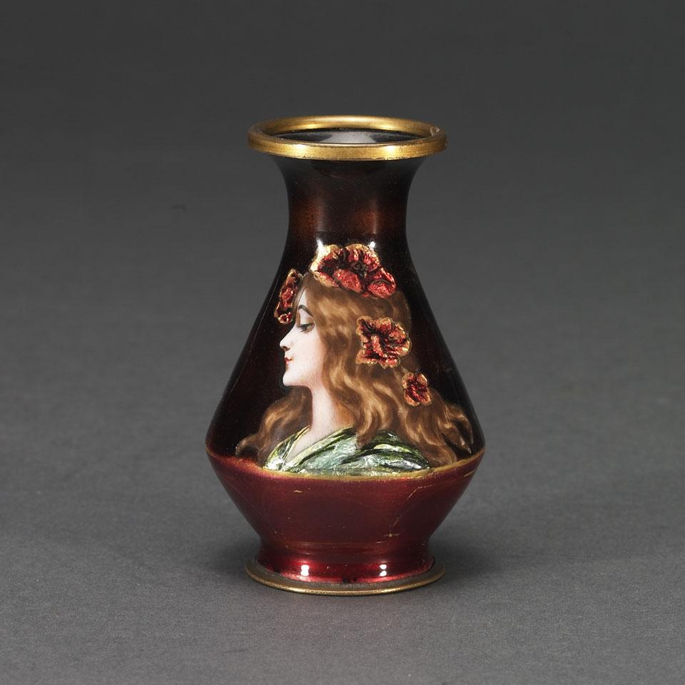 Limoges Enamel Small Portrait Vase, E.M. Carus, c.1900