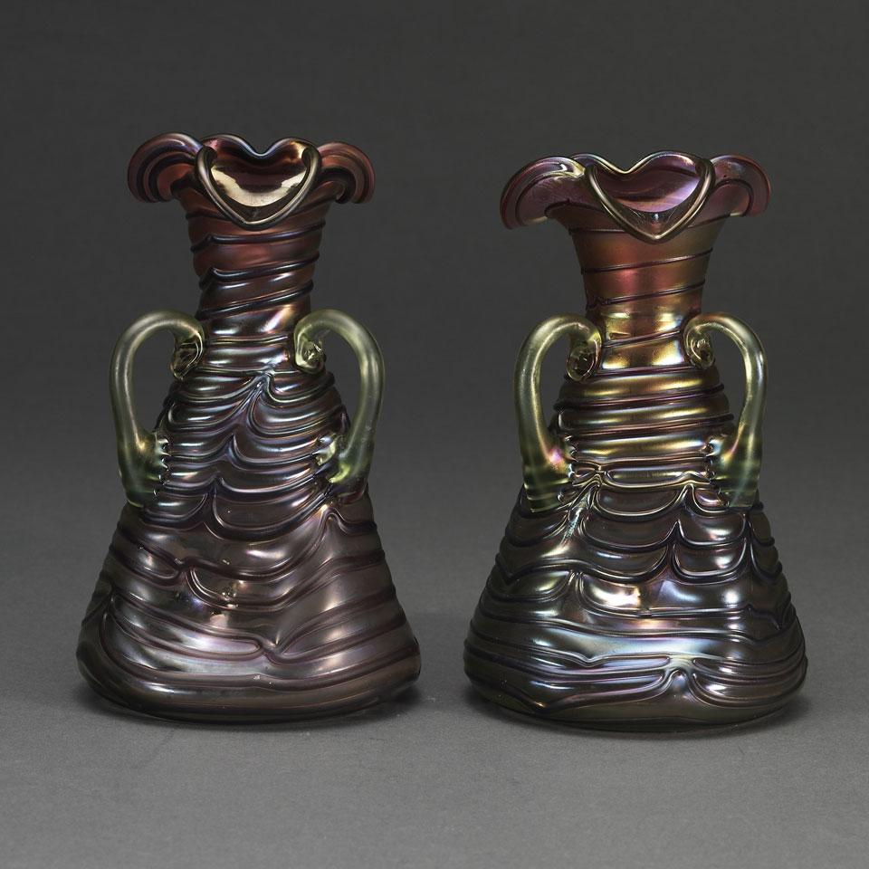 Pair of Iridescent Glass Three-Handled Vases, Glasfabrik Elisabeth, Wm. Habel, c.1900
