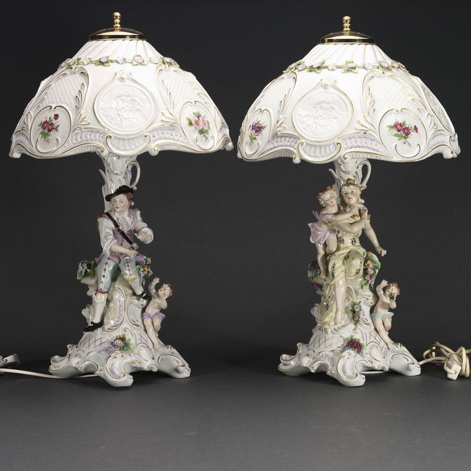 Pair of Sitzendorf Figural Table Lamps with Lithophane Paneled Shades, 20th century
