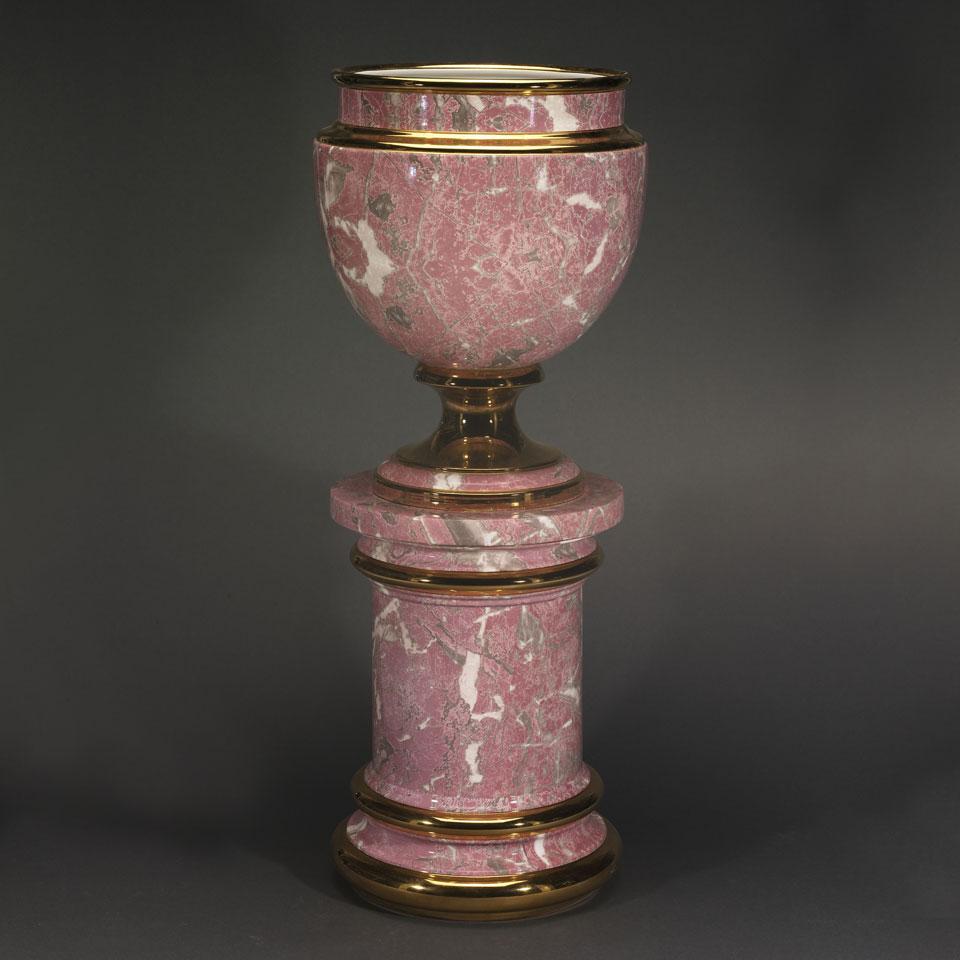 Continental Pink Marbleized and Gilt Earthenware Jardinière and Stand, 20th century