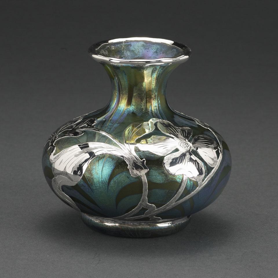 Silver Overlaid Loetz Iridescent Glass Vase, c.1900