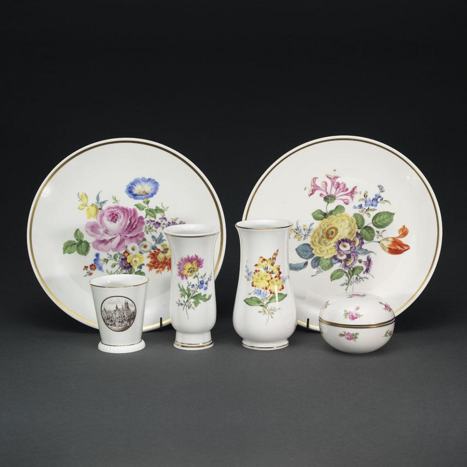 Two Meissen Floral Decorated Plates, Three Vases and a Covered Jar, 20th century
