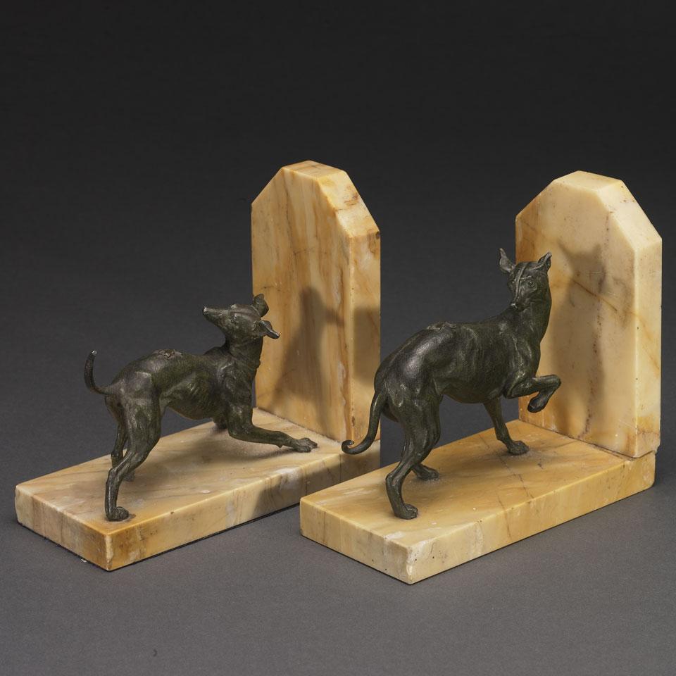 Pair of Patinated Metal and Marble Whippet Bookends, late 19th century
