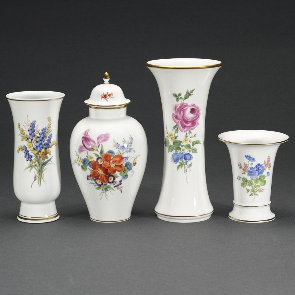 Four Meissen Floral Decorated Vases, one with Cover, 20th century