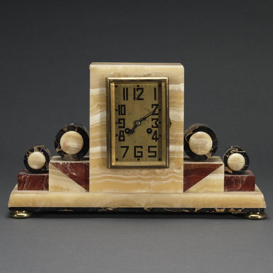 Art Deco Gilt Brass Mounted Marble and Onyx Cased Mantel Clock, c.1930