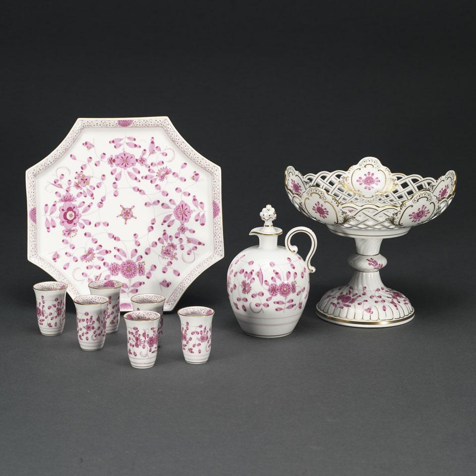Meissen Puce and Gilt Decorated Liqueur Set and a Comport, 20th century