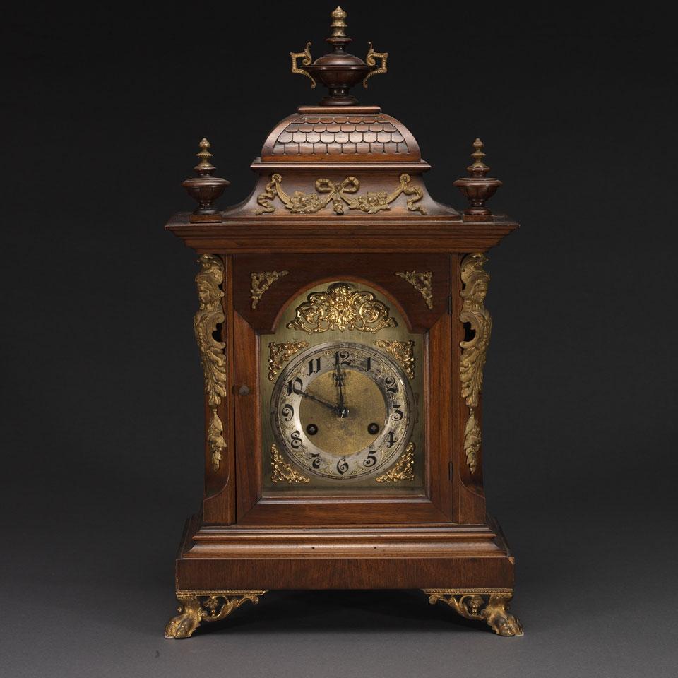 German Gilt Metal Mounted Carved Wood Cased Mantel Clock, Junghans, late 19th century
